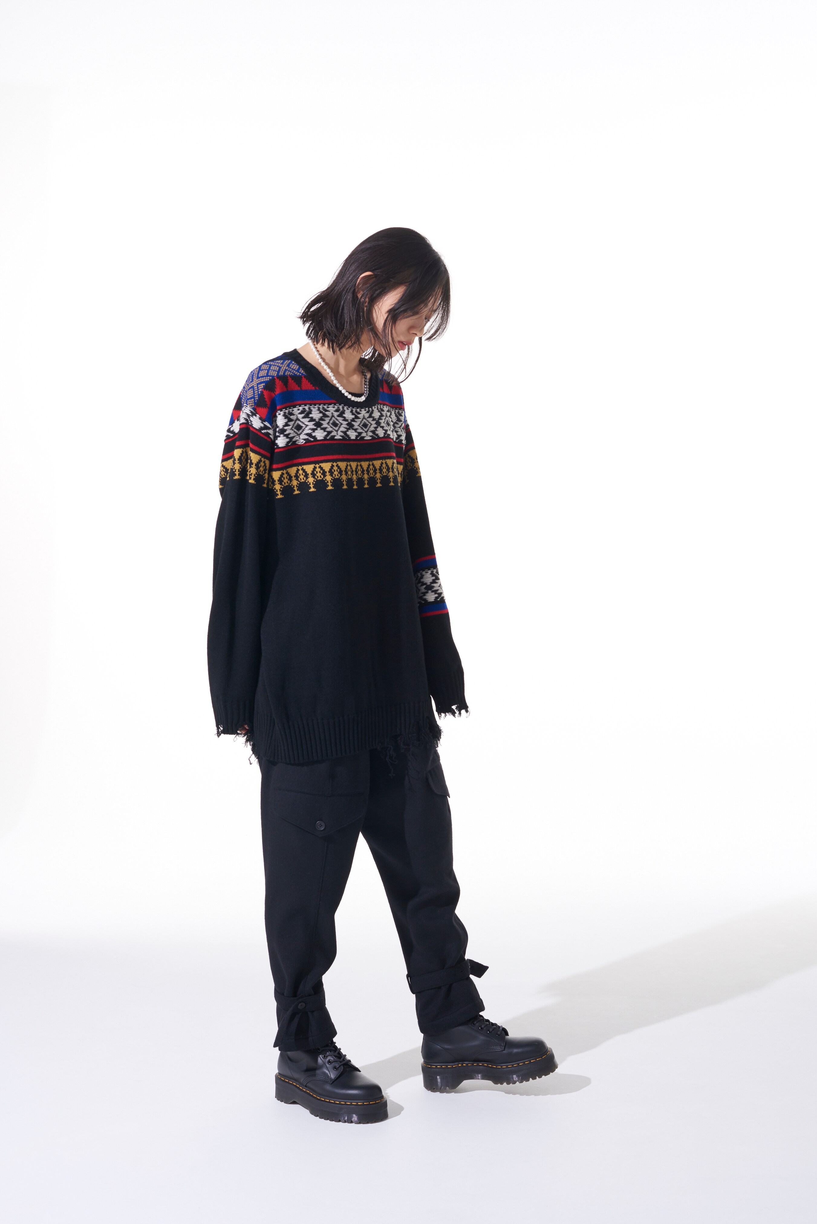 BULKY WOOL NORDIC PATTERN DAMAGED ROUND NECK KNIT(M Black): S'YTE