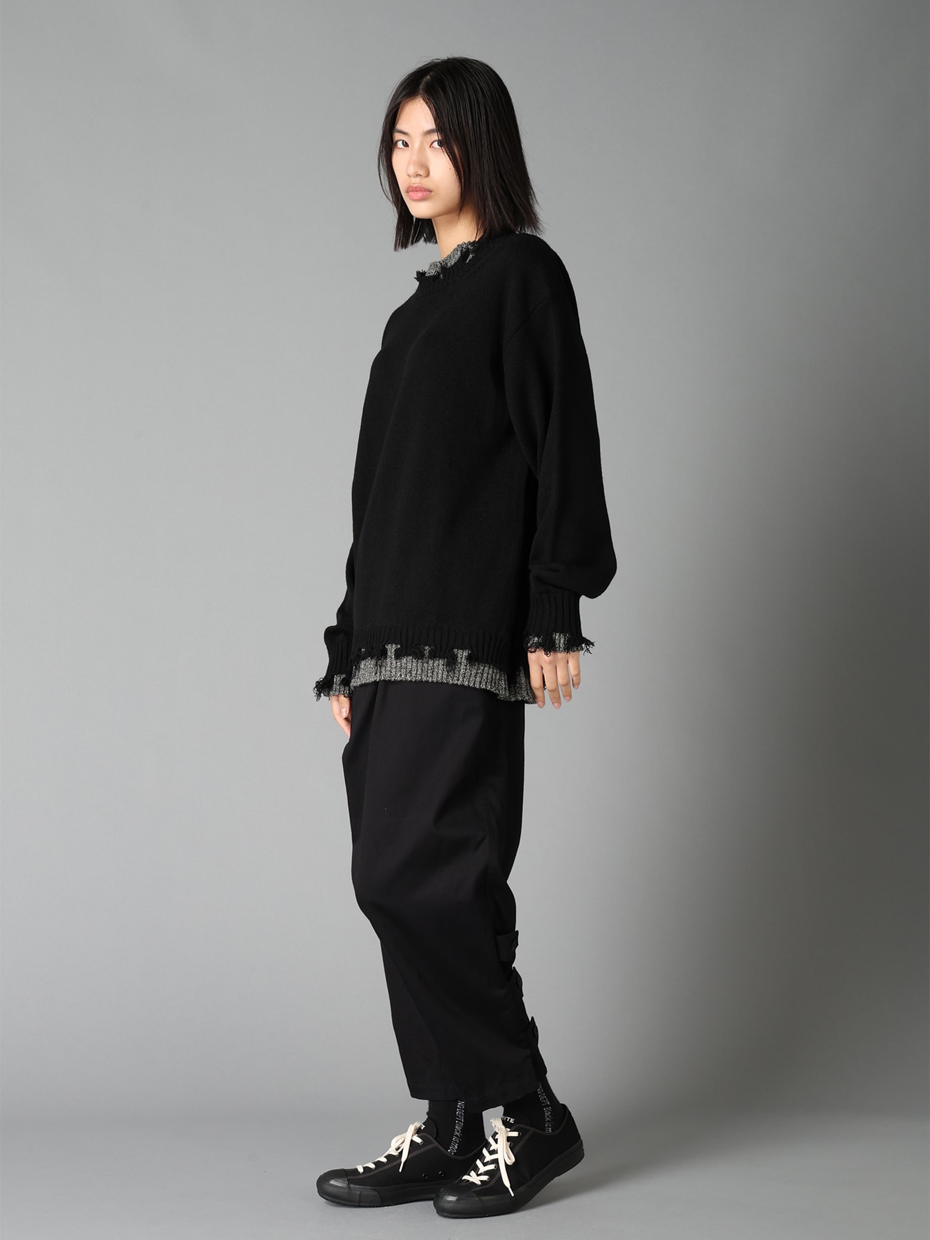 BULKY WOOL BLEND CONTRAST DAMAGED DETAIL PULLOVER