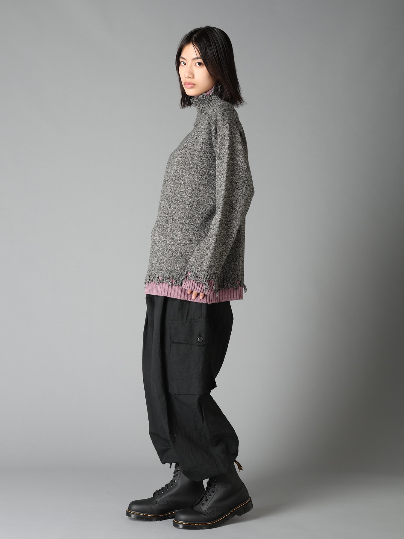 BULKY WOOL BLEND DAMAGED DETAIL TURTLE NECK PULLOVER