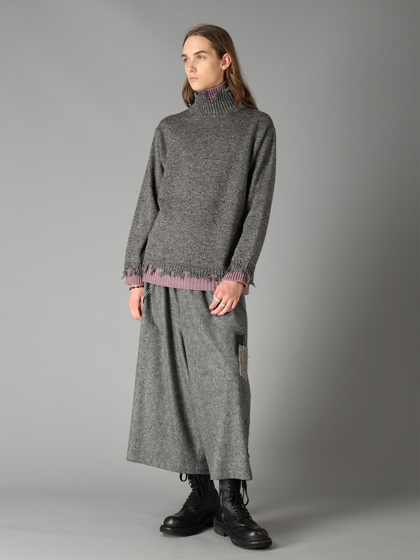 BULKY WOOL BLEND DAMAGED DETAIL TURTLE NECK PULLOVER