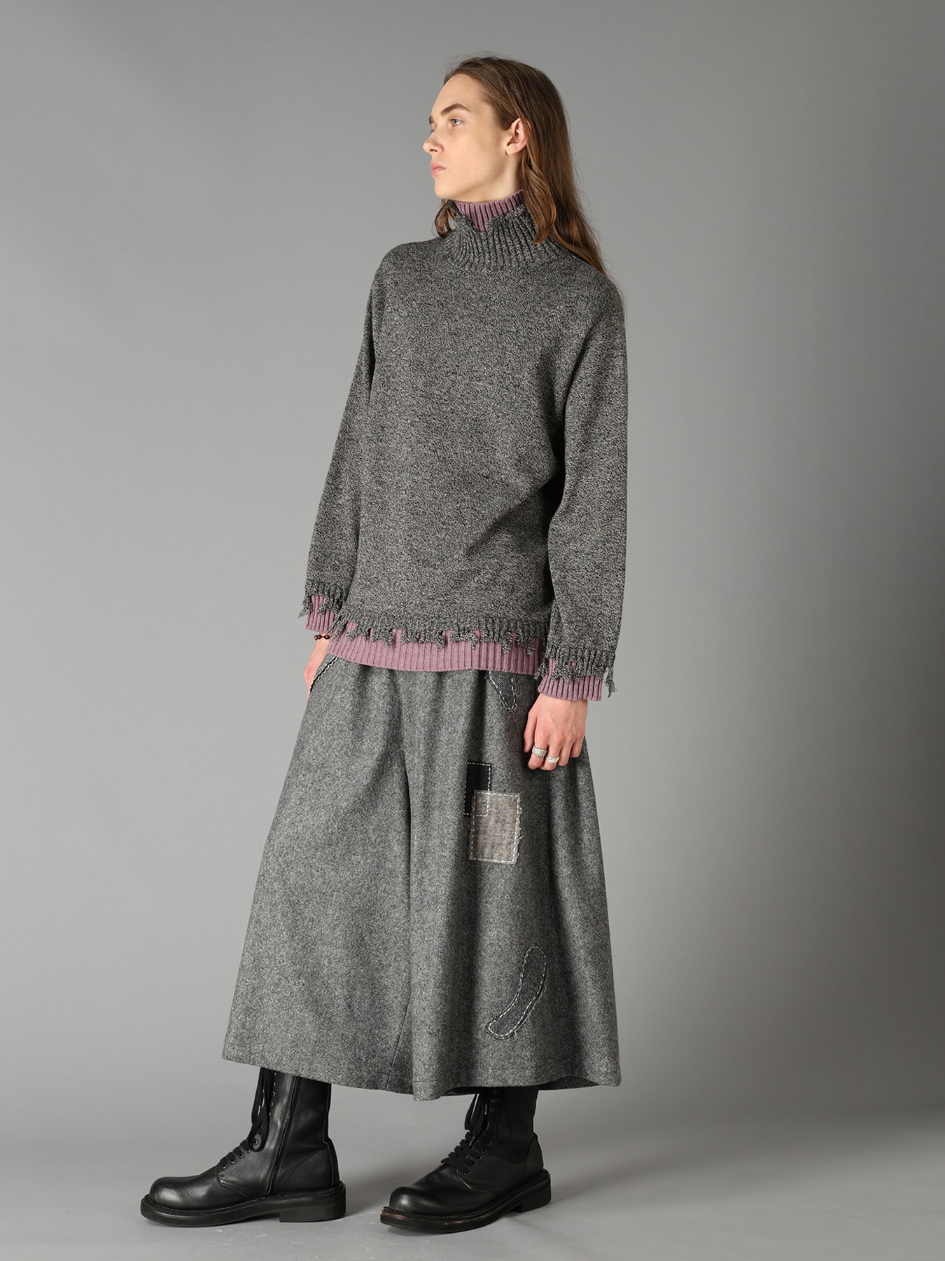 BULKY WOOL BLEND DAMAGED DETAIL TURTLE NECK PULLOVER