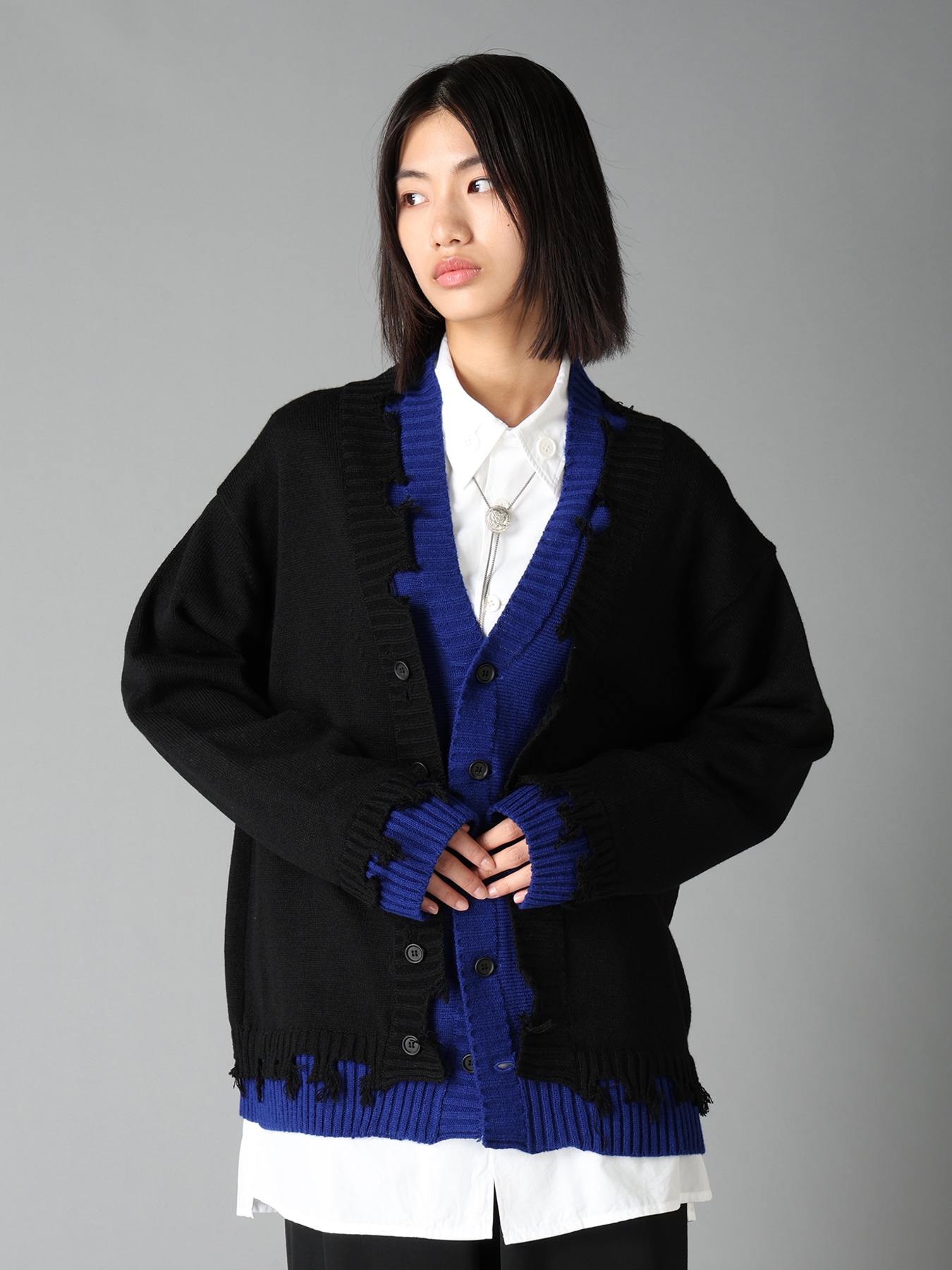 BULKY WOOL BLEND CONTRAST DAMAGED DETAIL CARDIGAN