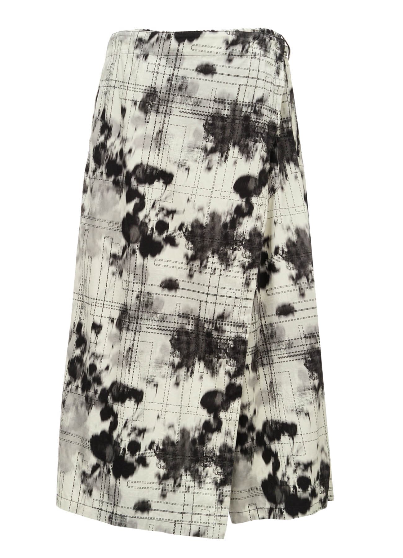 INK-WASH PRINTED BACK WRAP PANTS WITH DECORATIVE STITCH DETAILING