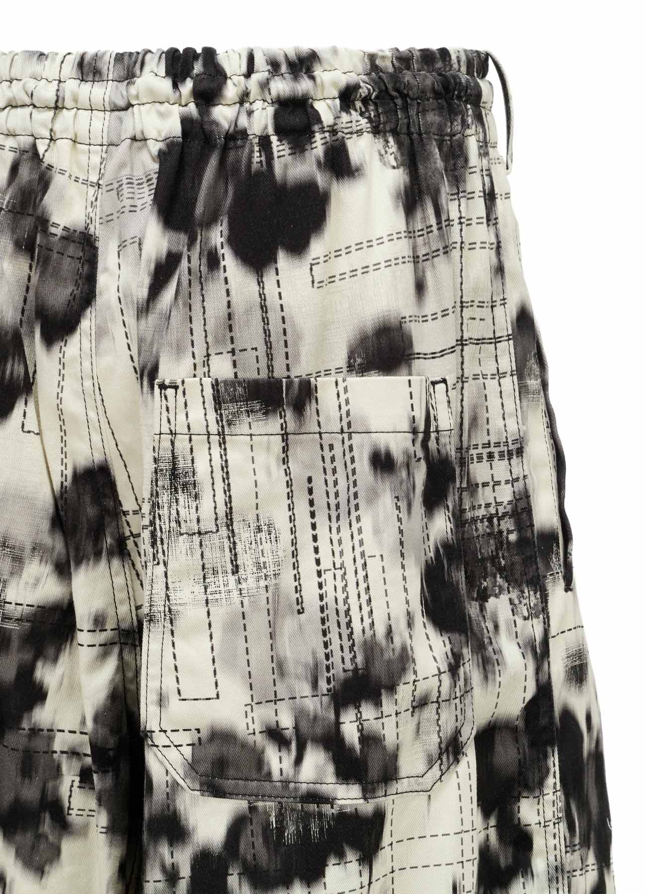 INK-WASH PRINTED BACK WRAP PANTS WITH DECORATIVE STITCH DETAILING