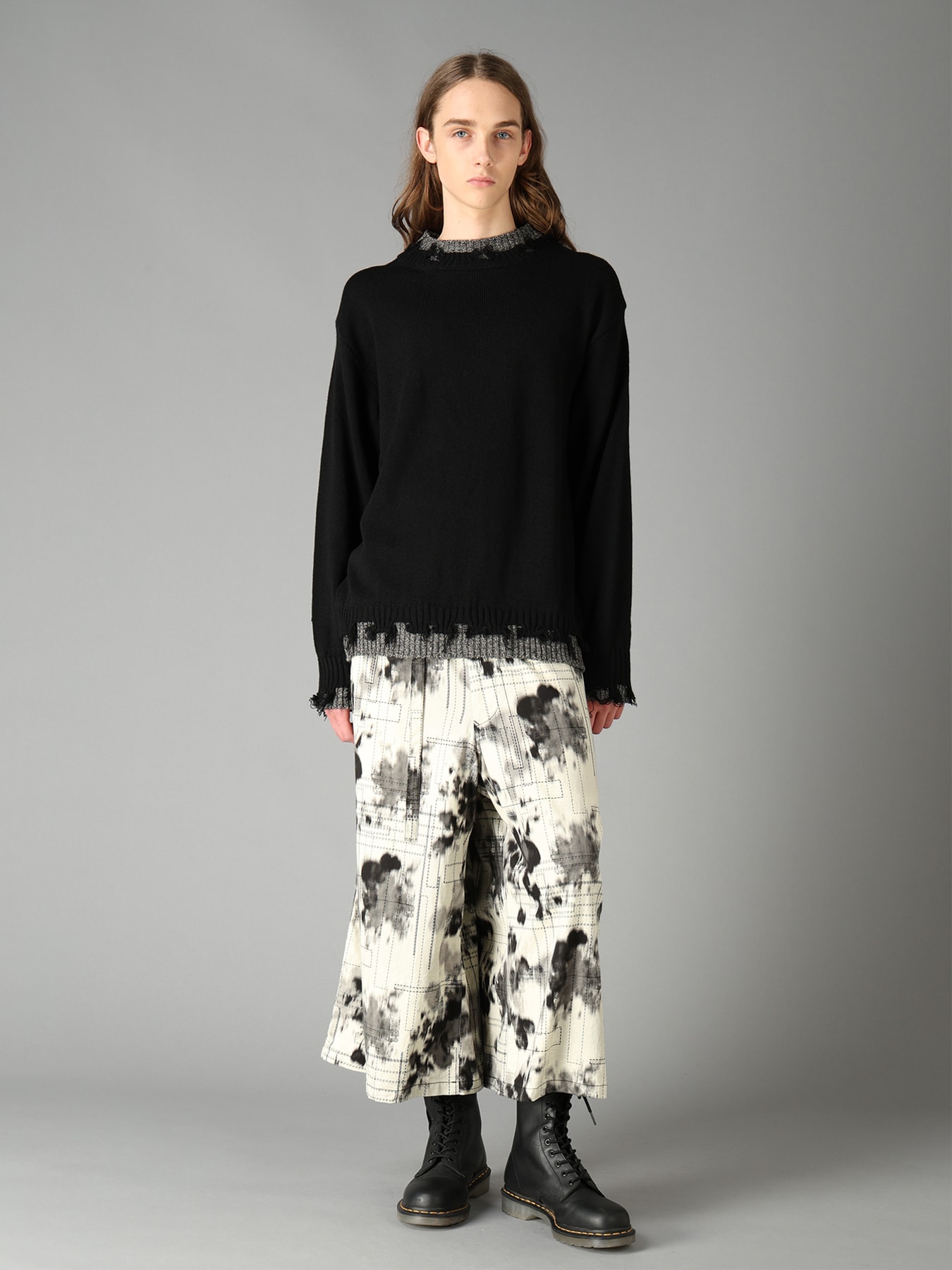 INK-WASH PRINTED BACK WRAP PANTS WITH DECORATIVE STITCH DETAILING