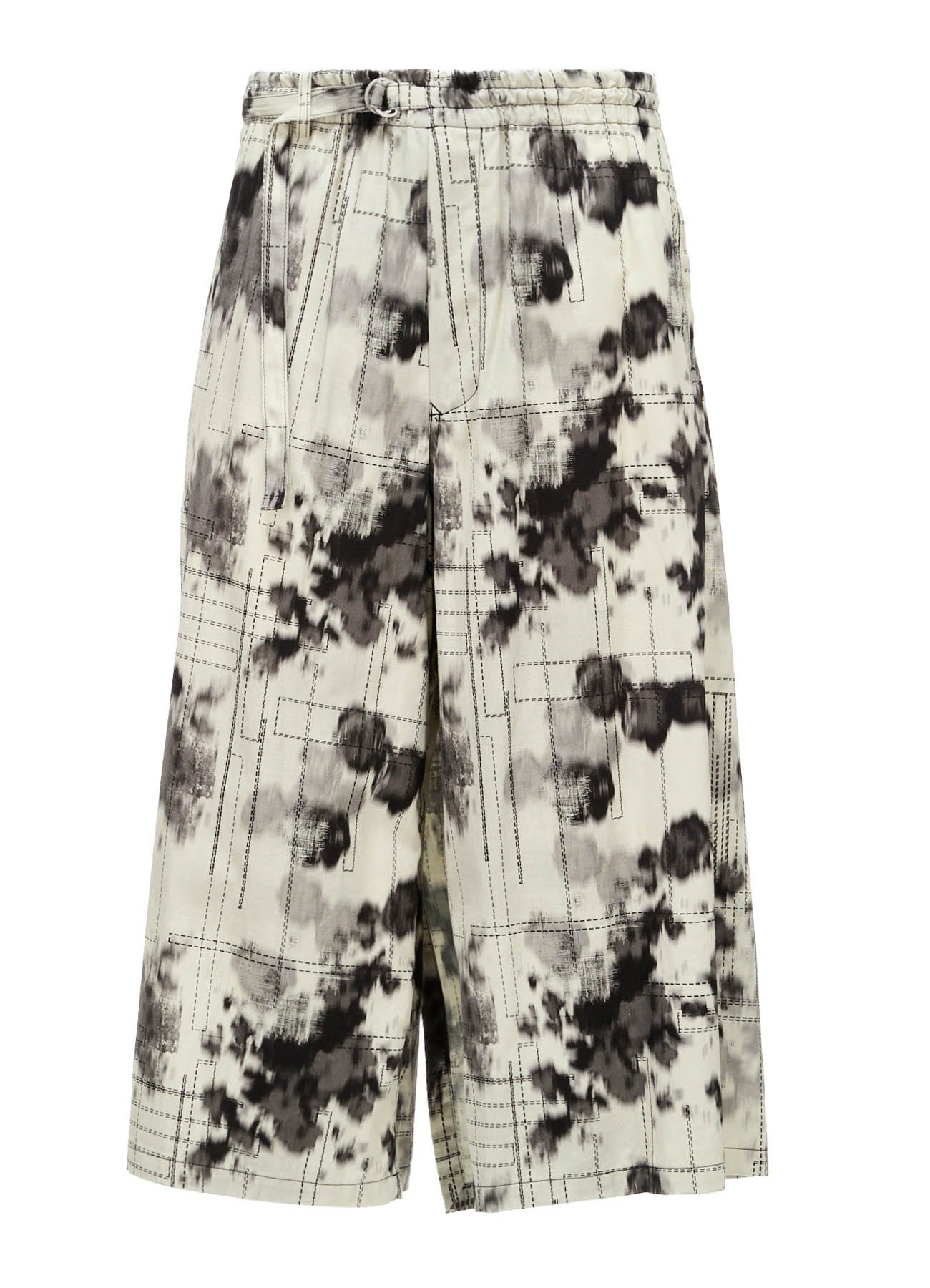 INK-WASH PRINTED BACK WRAP PANTS WITH DECORATIVE STITCH DETAILING