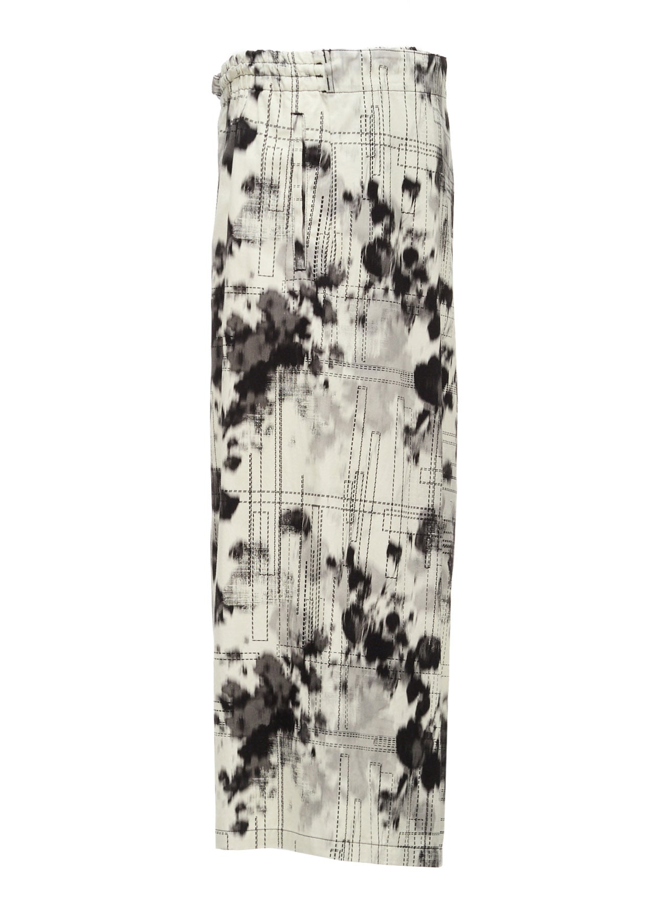 INK-WASH PRINTED BACK WRAP PANTS WITH DECORATIVE STITCH DETAILING