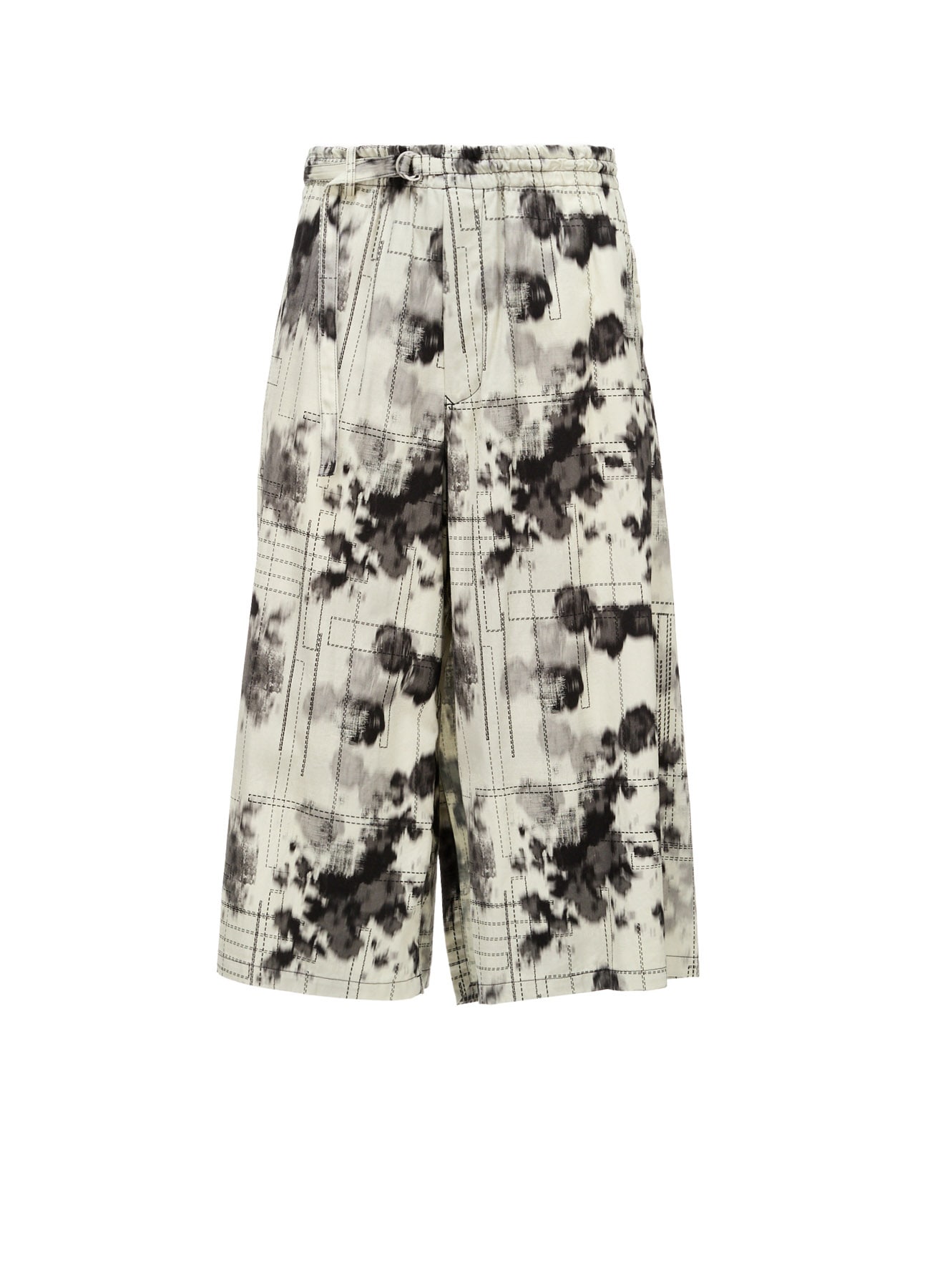 INK-WASH PRINTED BACK WRAP PANTS WITH DECORATIVE STITCH DETAILING