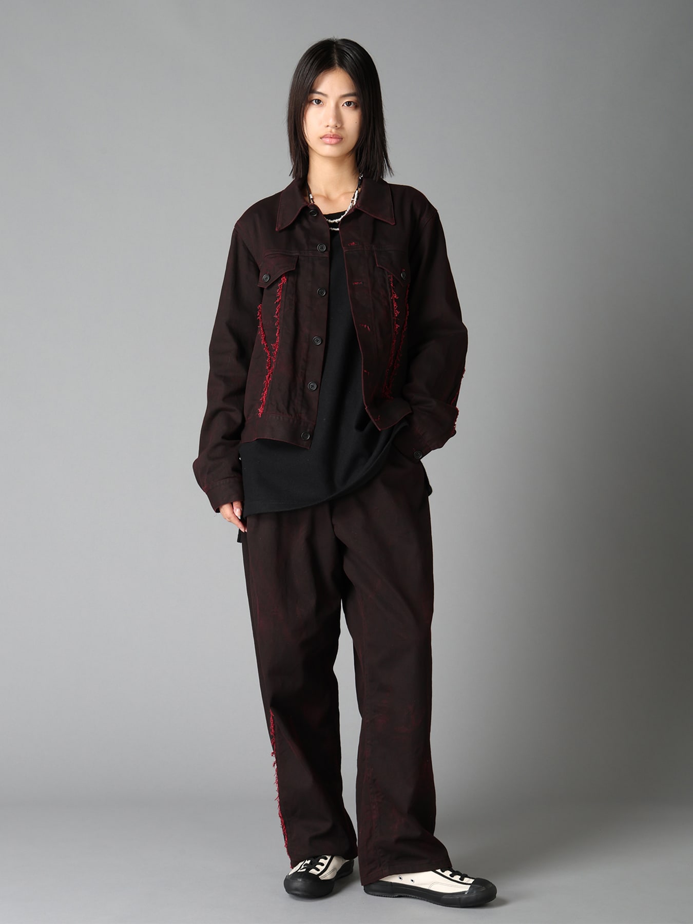 PIGMENT PRINT COTTON TWILL RAW-EDGE DETAIL PANTS WITH 5 POCKETS