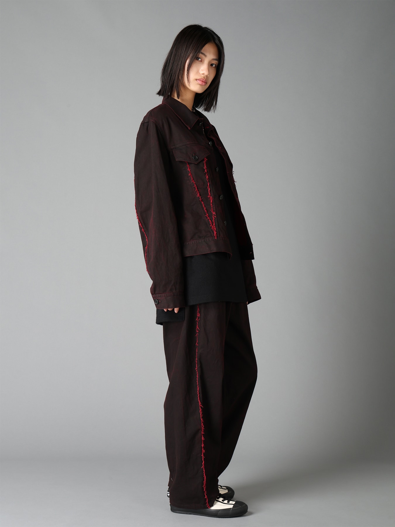 PIGMENT PRINT COTTON TWILL RAW-EDGE DETAIL PANTS WITH 5 POCKETS