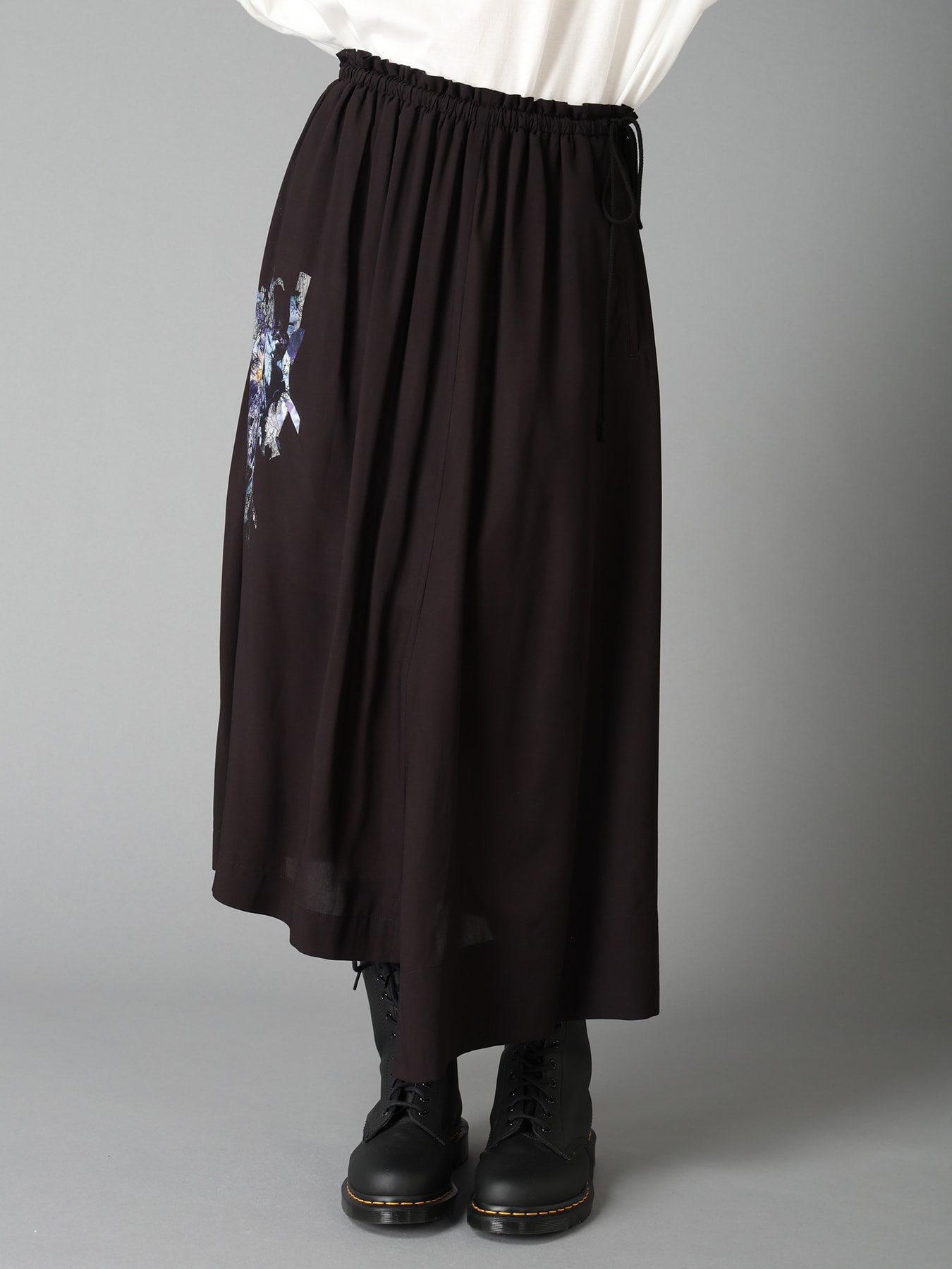 PATCHWORK FLOWER PRINT RAYON WAIST DRAWSTRING SKIRT