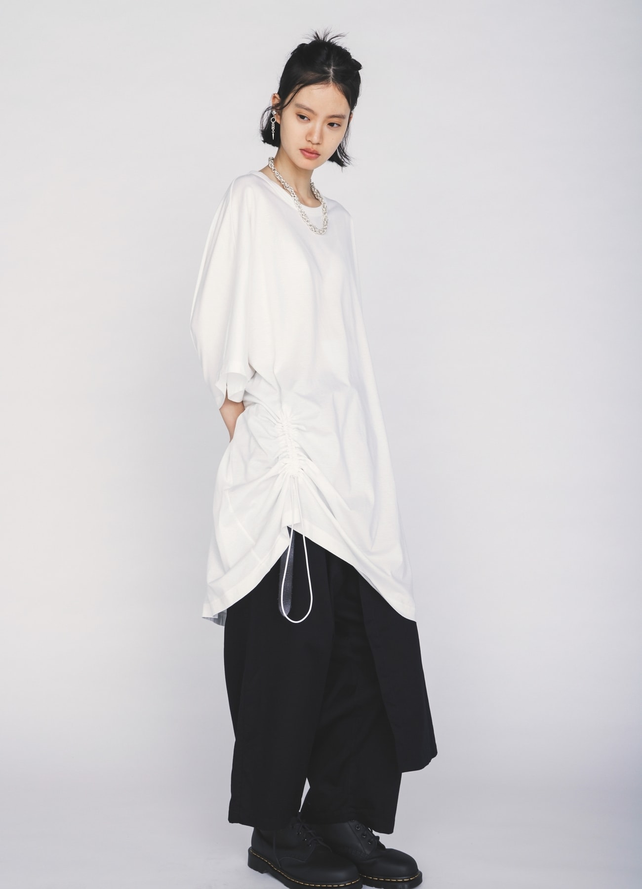 30/COTTON JERSEY ELASTIC DRAWSTRING GATHERED T-SHIRT