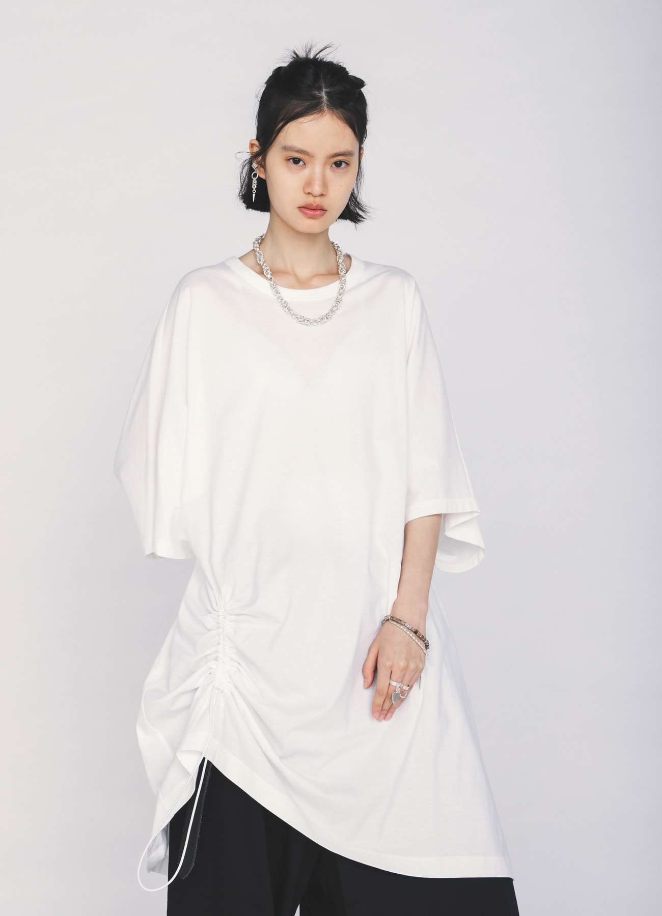 30/COTTON JERSEY ELASTIC DRAWSTRING GATHERED T-SHIRT