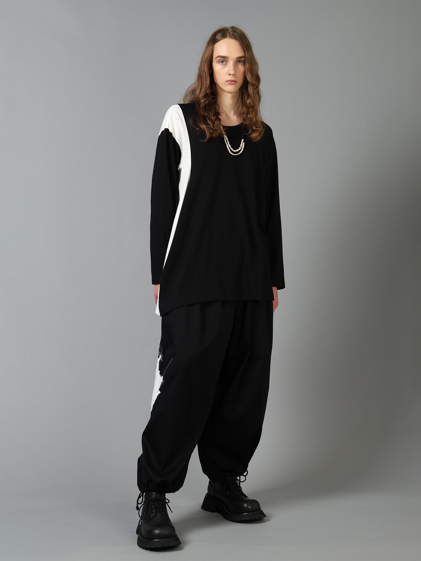 COTTON JERSEY FABRIC SWITCH L/S DRAPED T-SHIRT