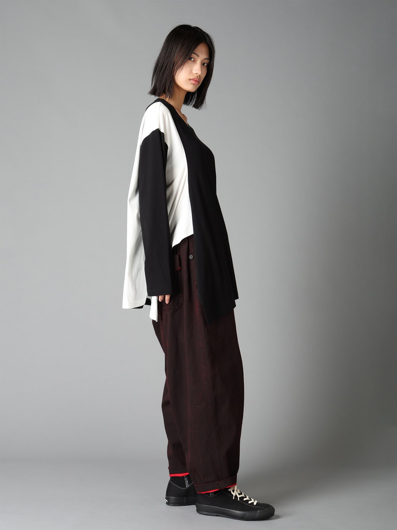 COTTON JERSEY FABRIC SWITCH L/S DRAPED T-SHIRT