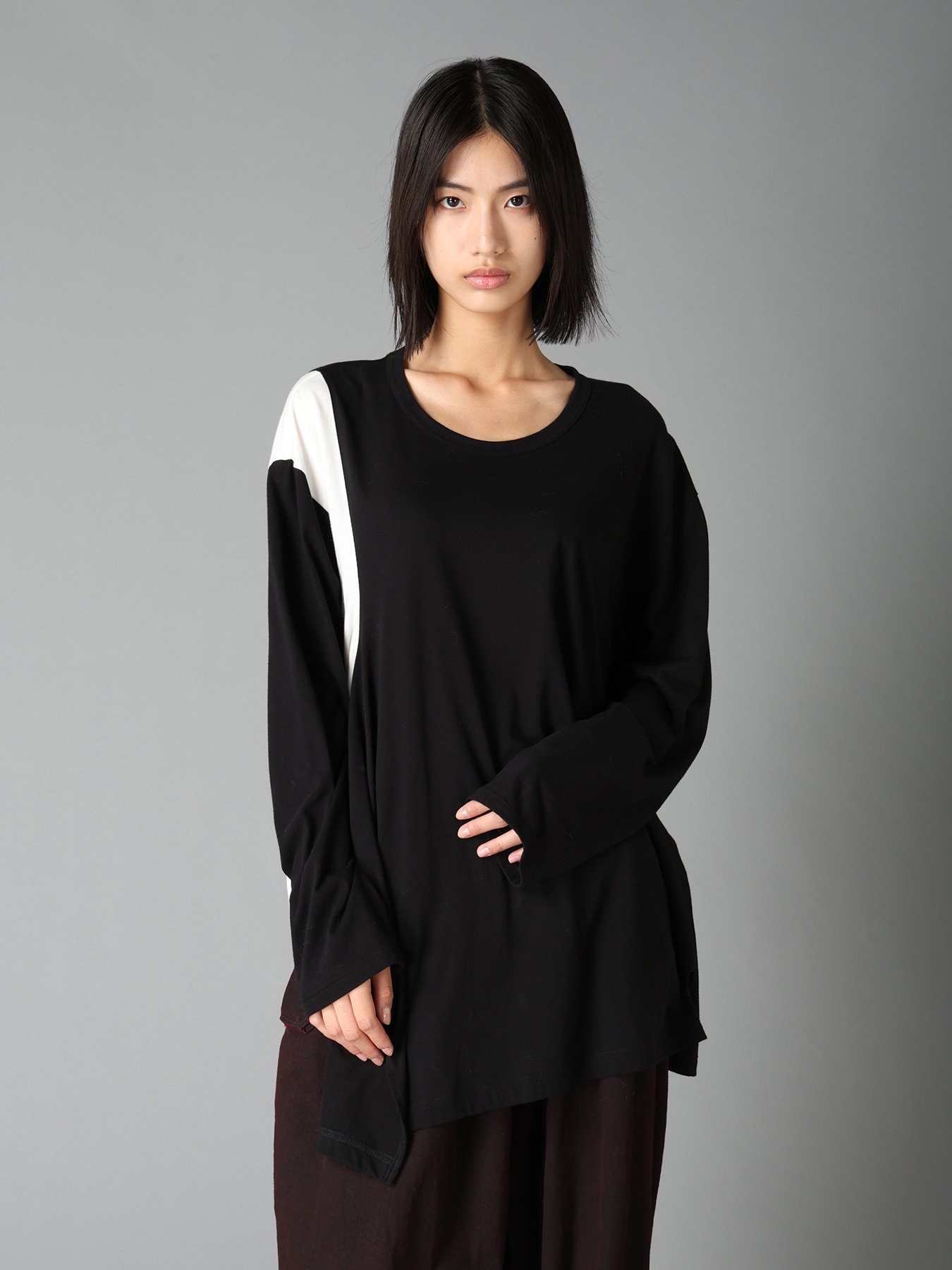 COTTON JERSEY FABRIC SWITCH L/S DRAPED T-SHIRT