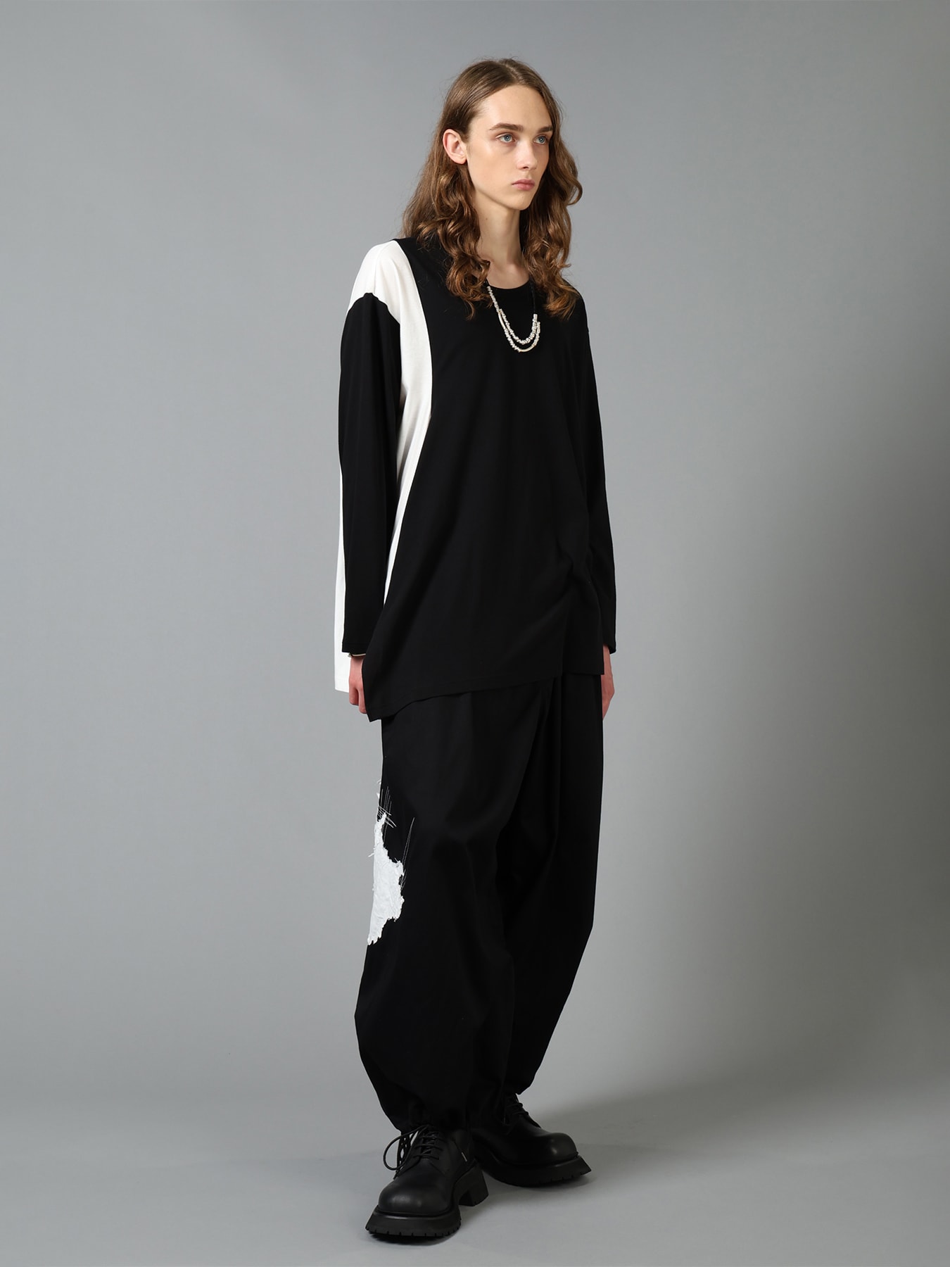 COTTON JERSEY FABRIC SWITCH L/S DRAPED T-SHIRT