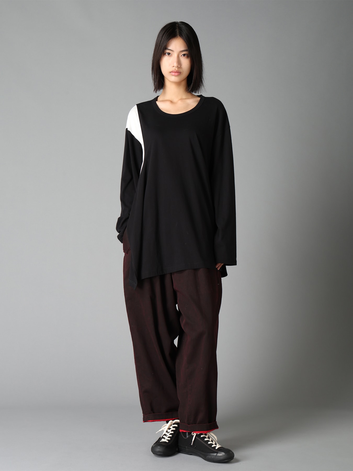 COTTON JERSEY FABRIC SWITCH L/S DRAPED T-SHIRT