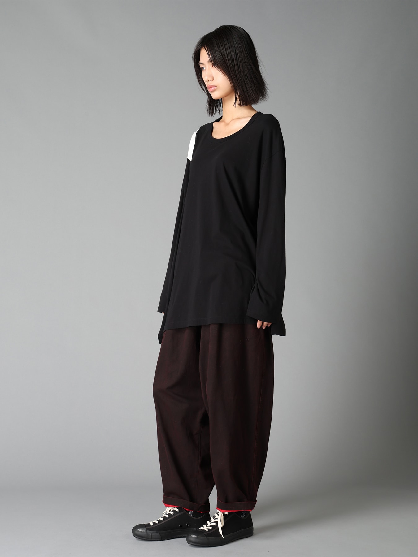 COTTON JERSEY FABRIC SWITCH L/S DRAPED T-SHIRT