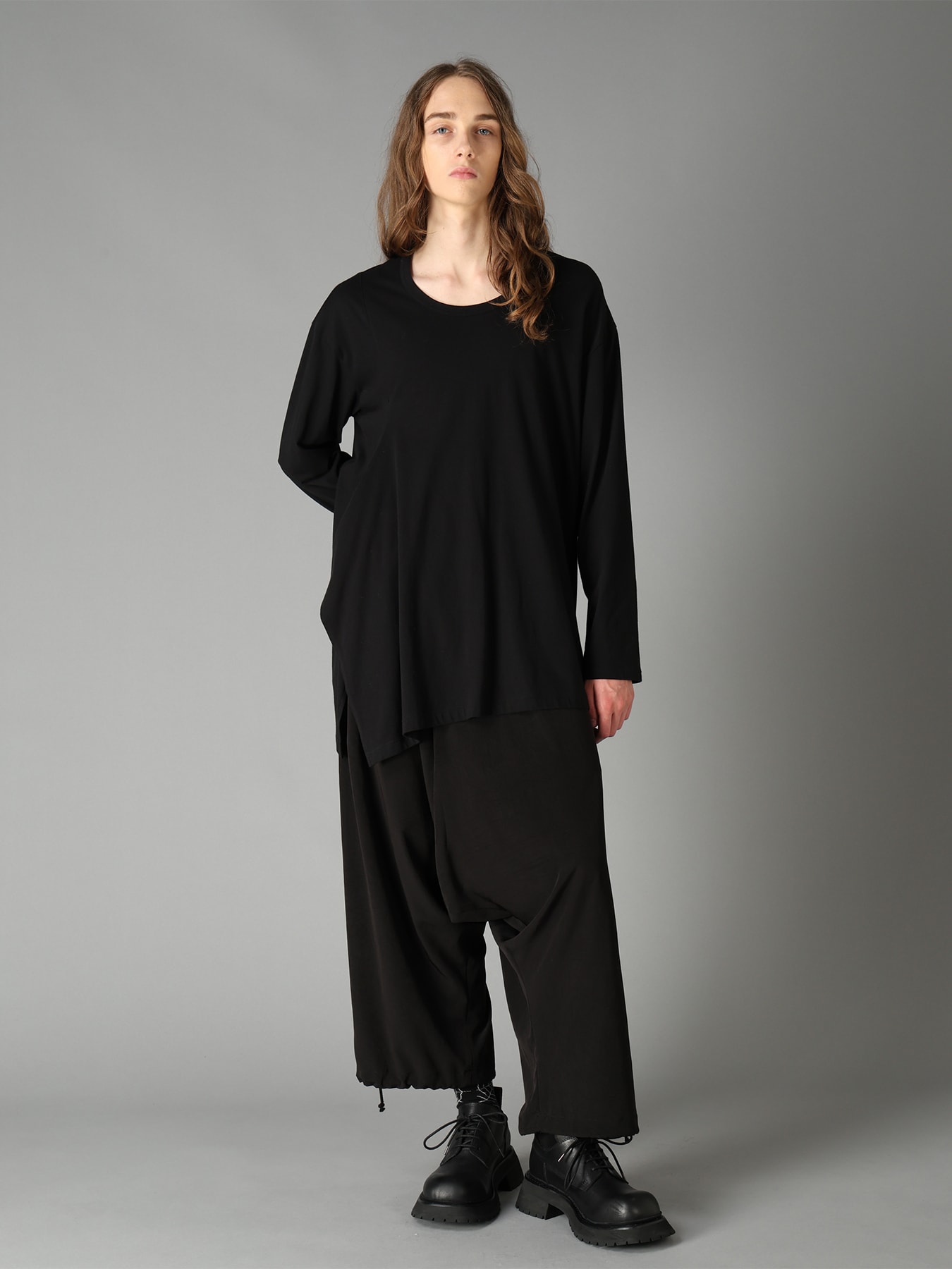 COTTON JERSEY FABRIC SWITCH L/S DRAPED T-SHIRT