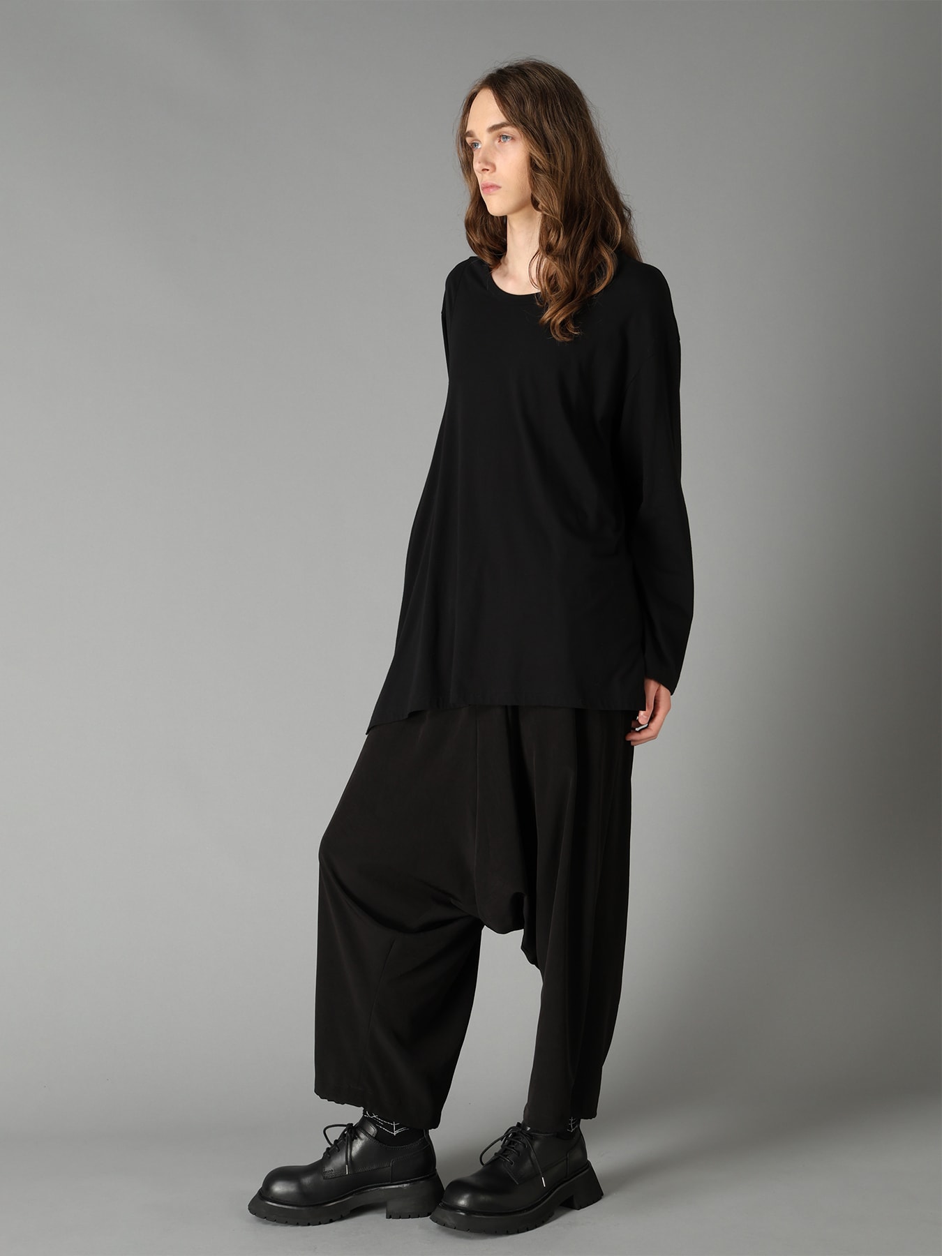 COTTON JERSEY FABRIC SWITCH L/S DRAPED T-SHIRT