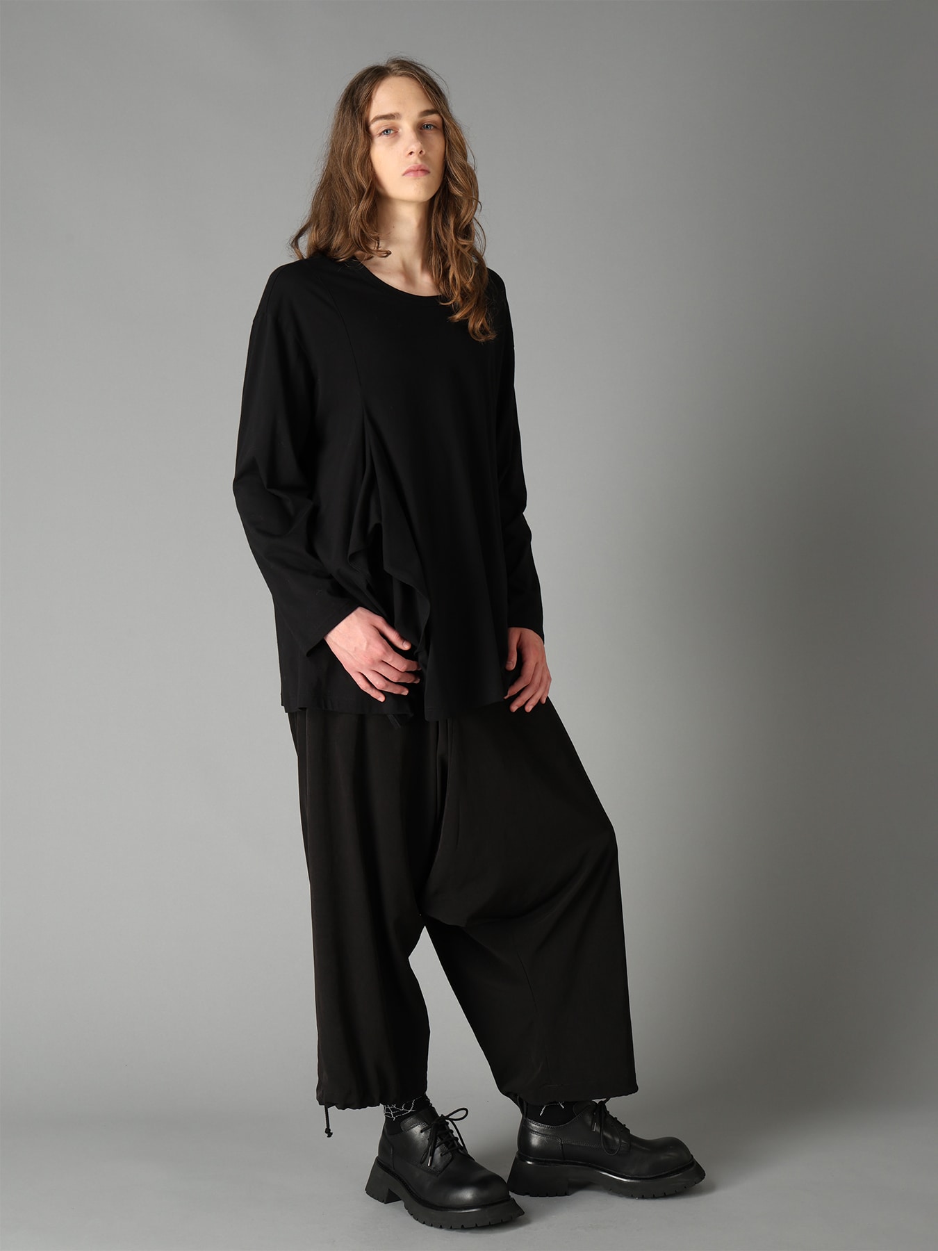 COTTON JERSEY FABRIC SWITCH L/S DRAPED T-SHIRT