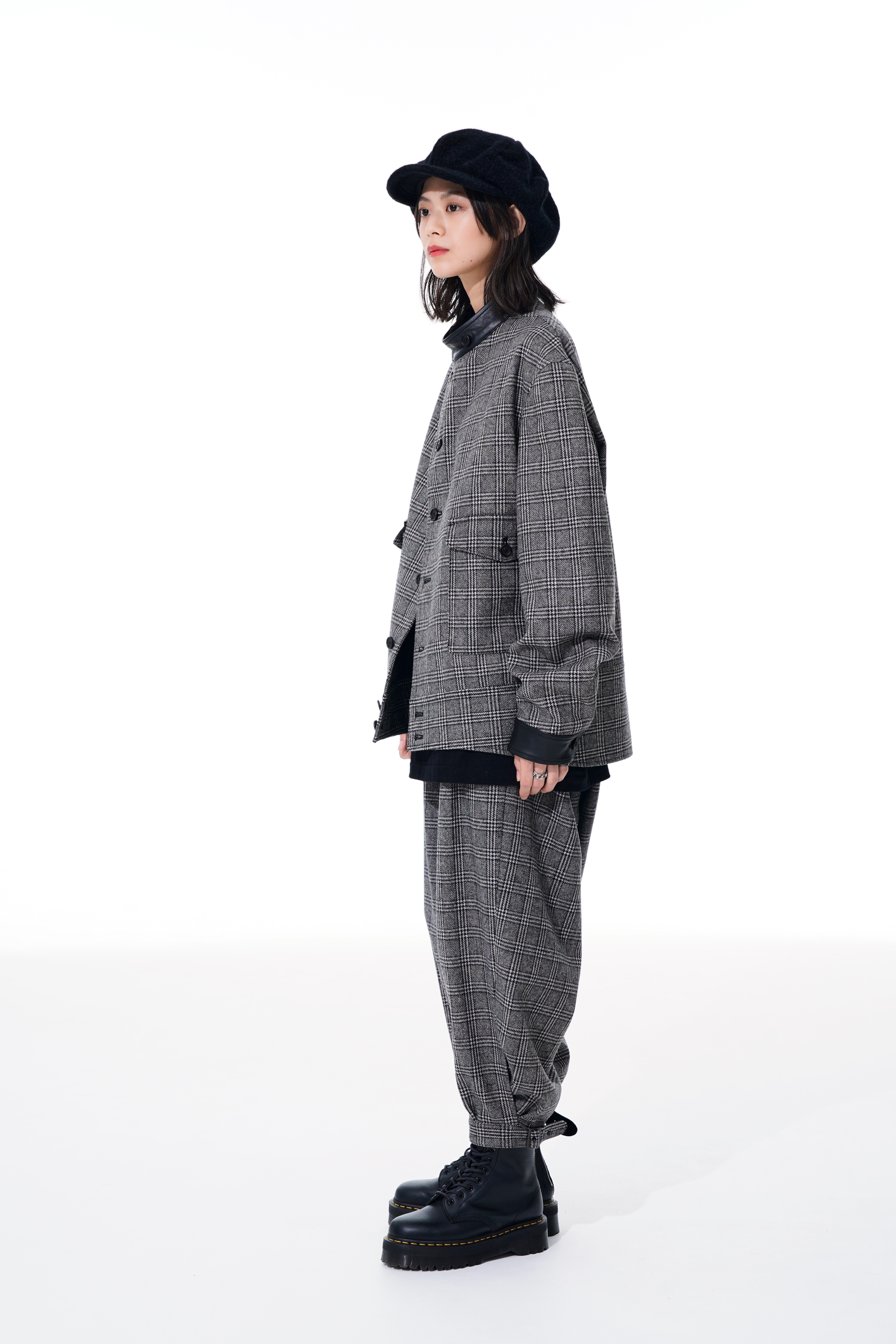 GLEN CHECK× LEATHER STANDCOLLAR BLOUSON(M Gray): S'YTE｜THE SHOP