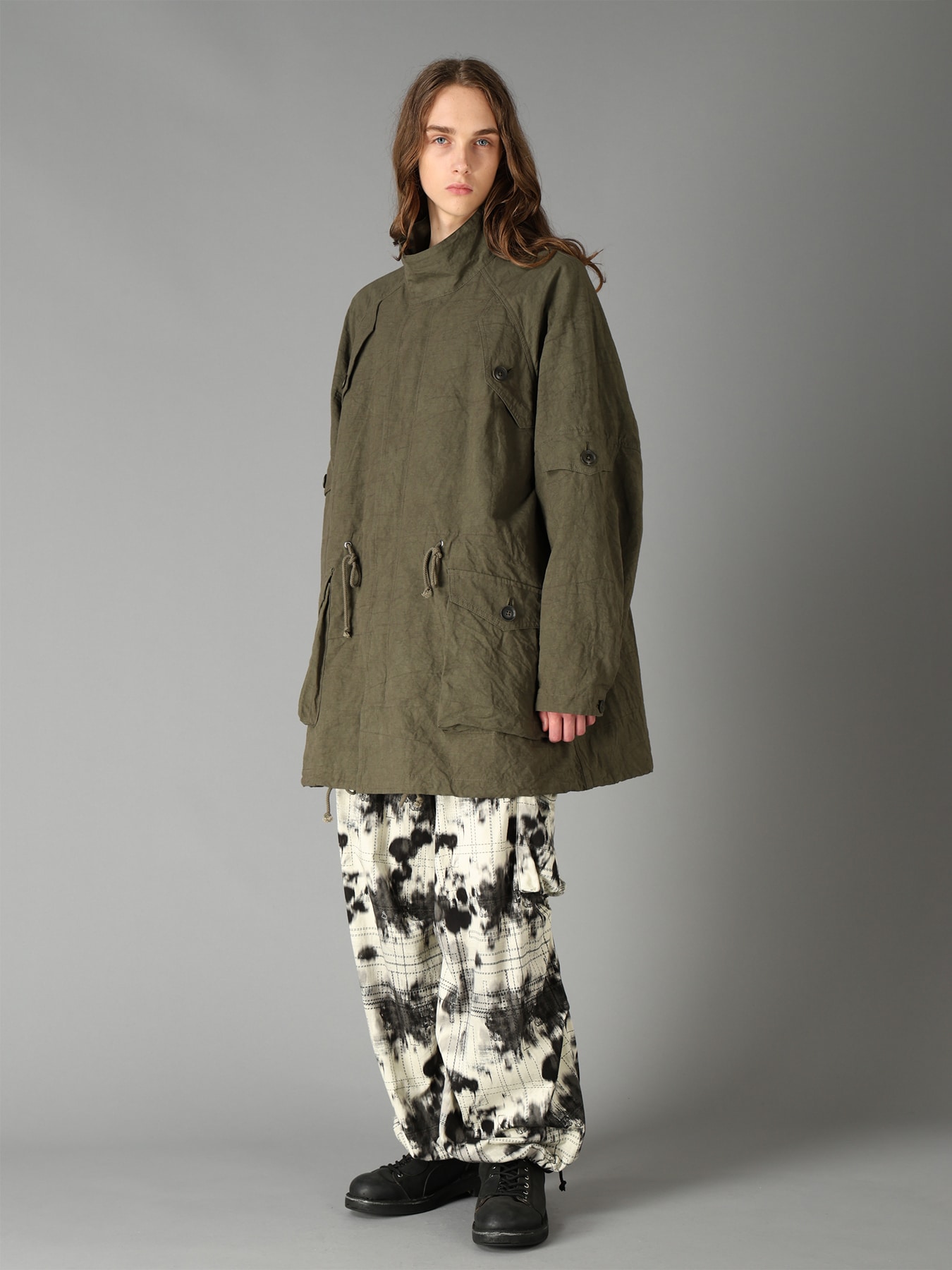 COTTON LINEN TWILL RAGLAN STAND COLLAR UTILITY BLOUSON