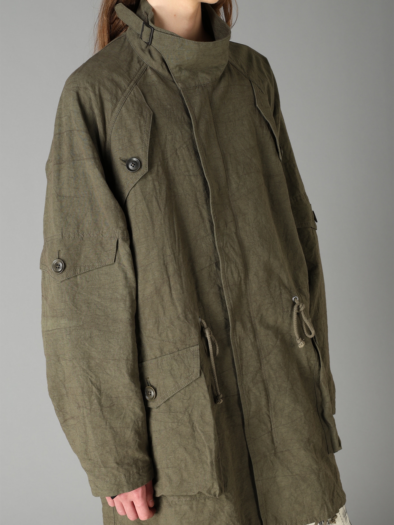COTTON LINEN TWILL RAGLAN STAND COLLAR UTILITY BLOUSON