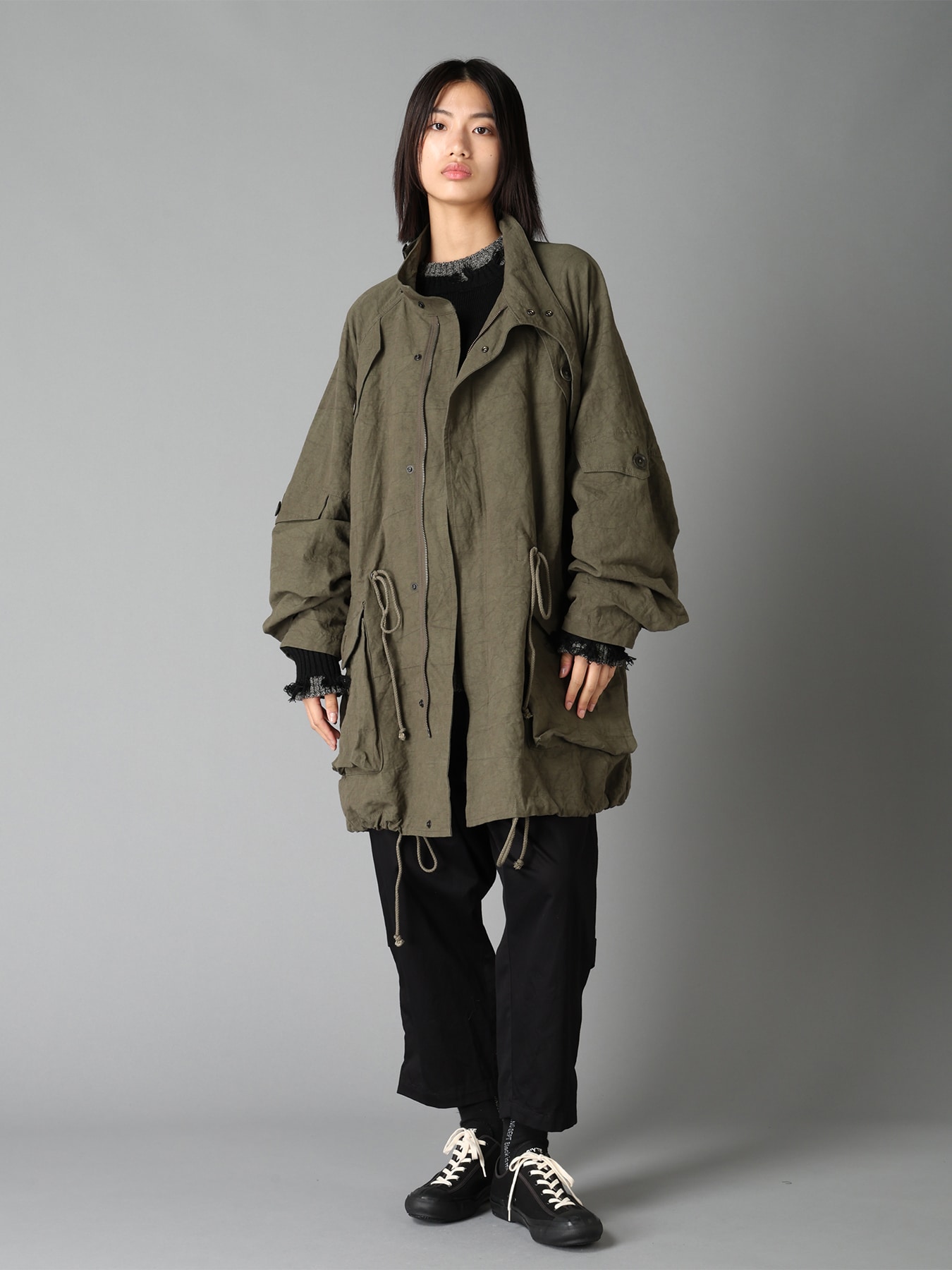 COTTON LINEN TWILL RAGLAN STAND COLLAR UTILITY BLOUSON