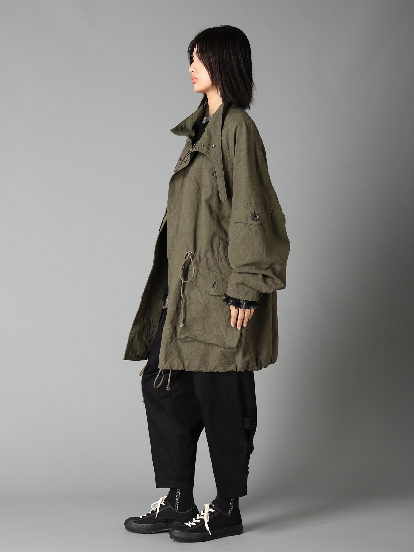 COTTON LINEN TWILL RAGLAN STAND COLLAR UTILITY BLOUSON