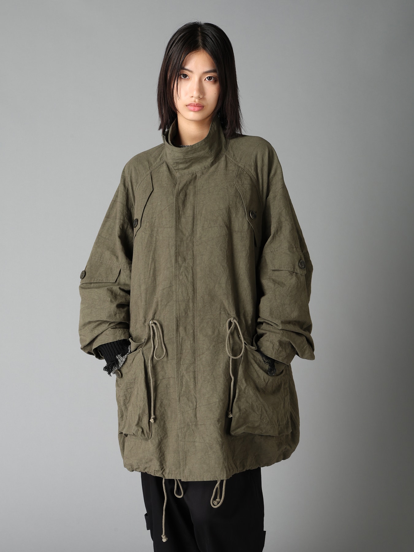 COTTON LINEN TWILL RAGLAN STAND COLLAR UTILITY BLOUSON