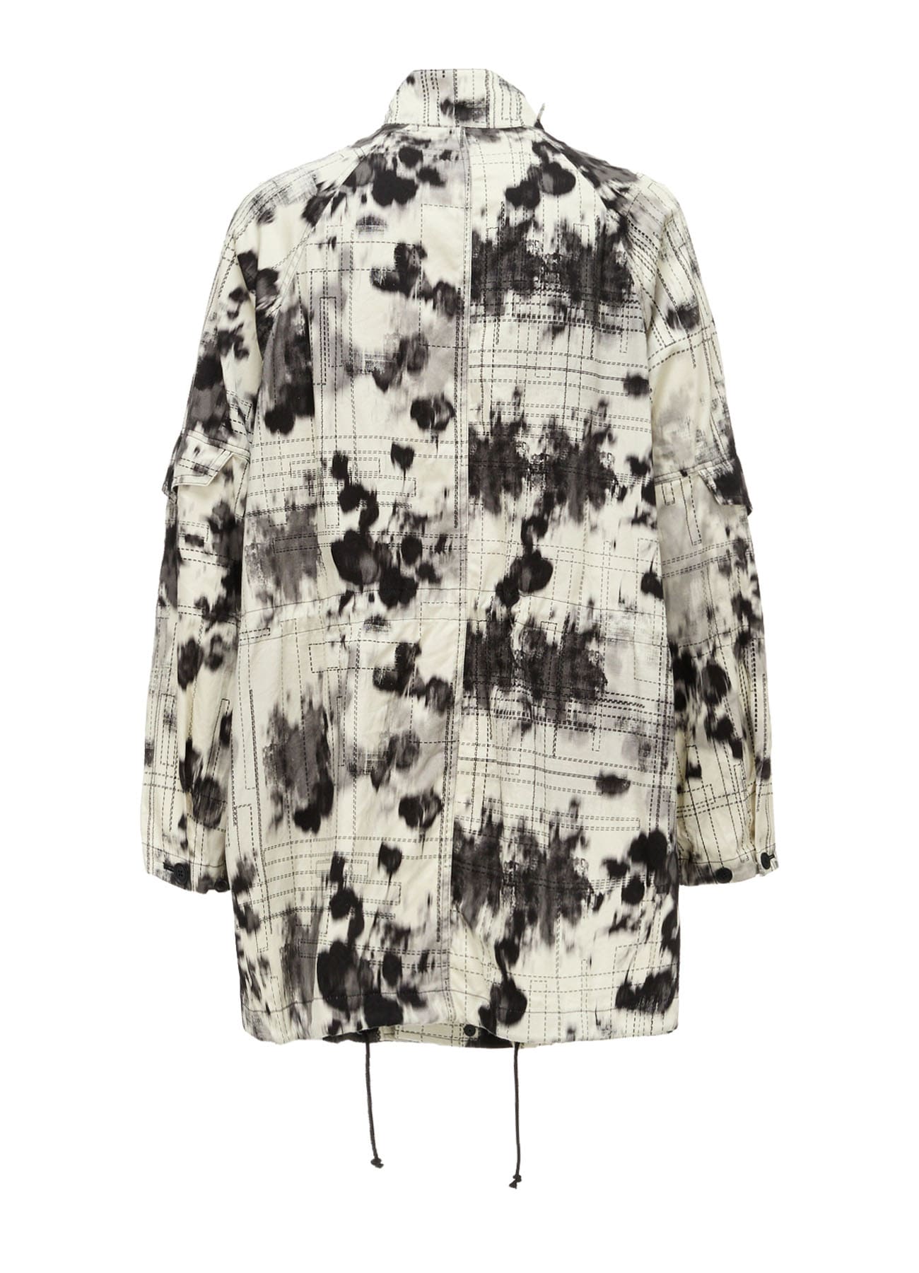 INK-WASH PRINTED RAGLAN STAND COLLAR UTILITY BLOUSON WITH DECORATIVE STITCH DETAILING
