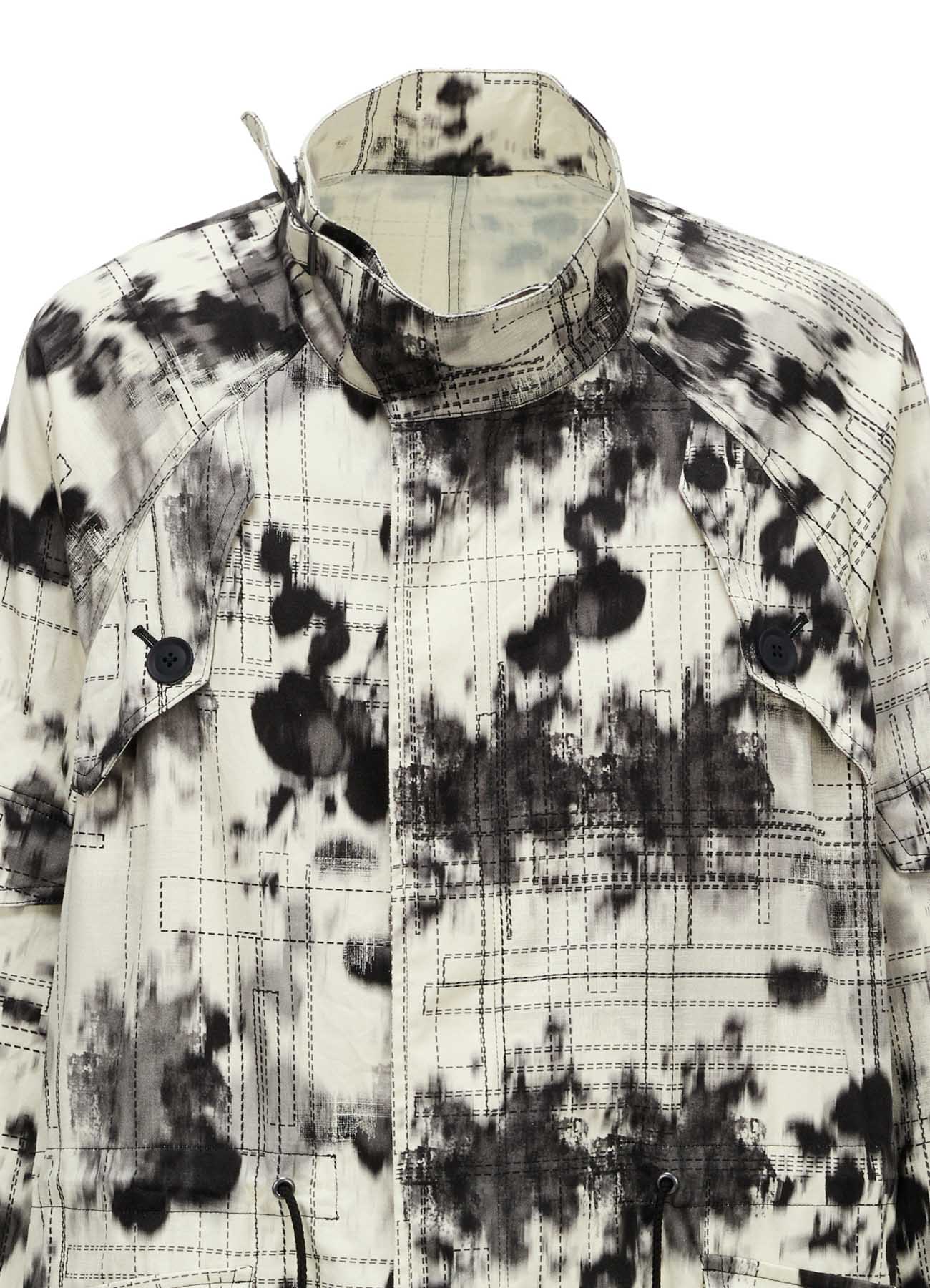 INK-WASH PRINTED RAGLAN STAND COLLAR UTILITY BLOUSON WITH DECORATIVE STITCH DETAILING