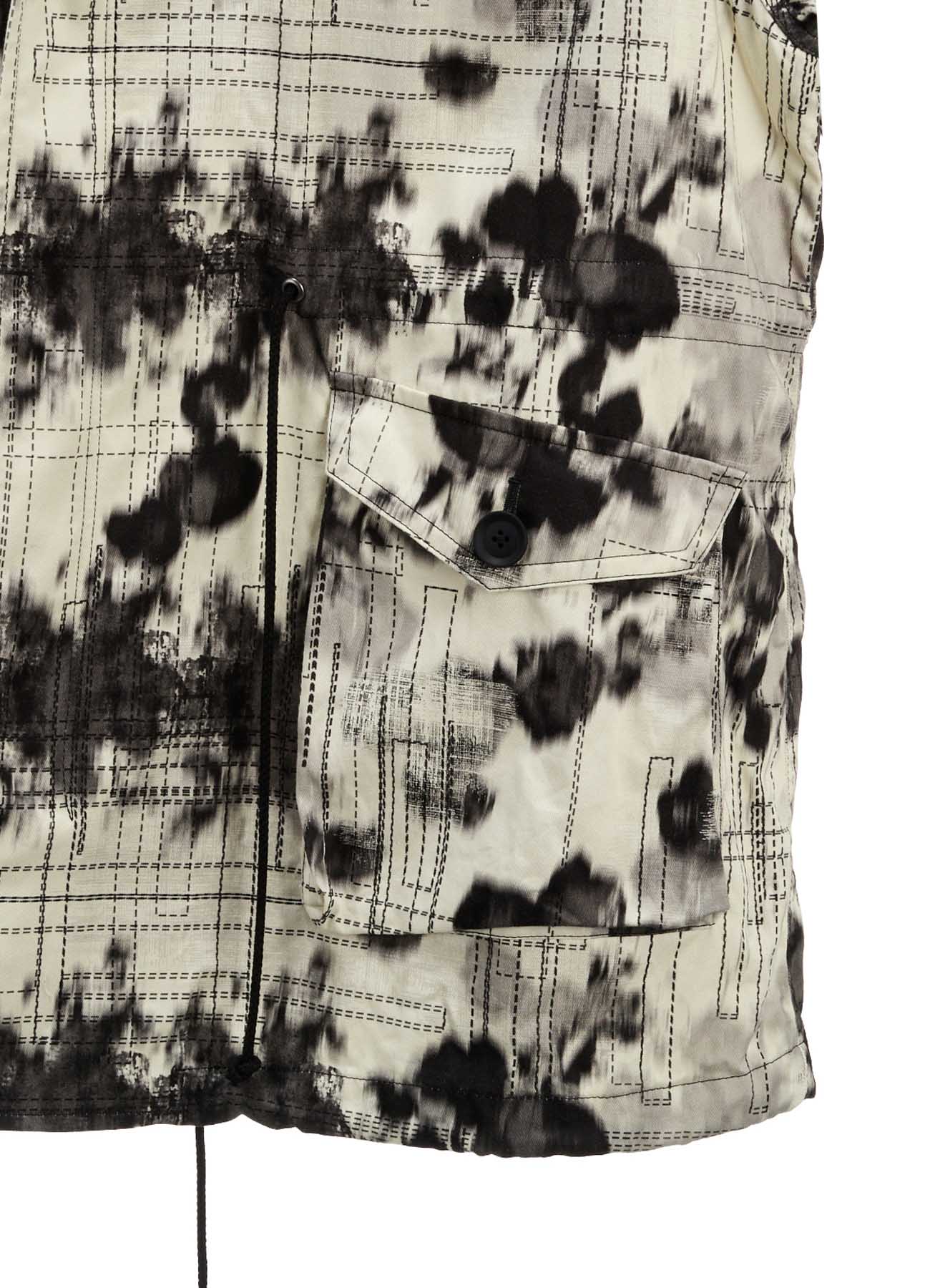 INK-WASH PRINTED RAGLAN STAND COLLAR UTILITY BLOUSON WITH DECORATIVE STITCH DETAILING