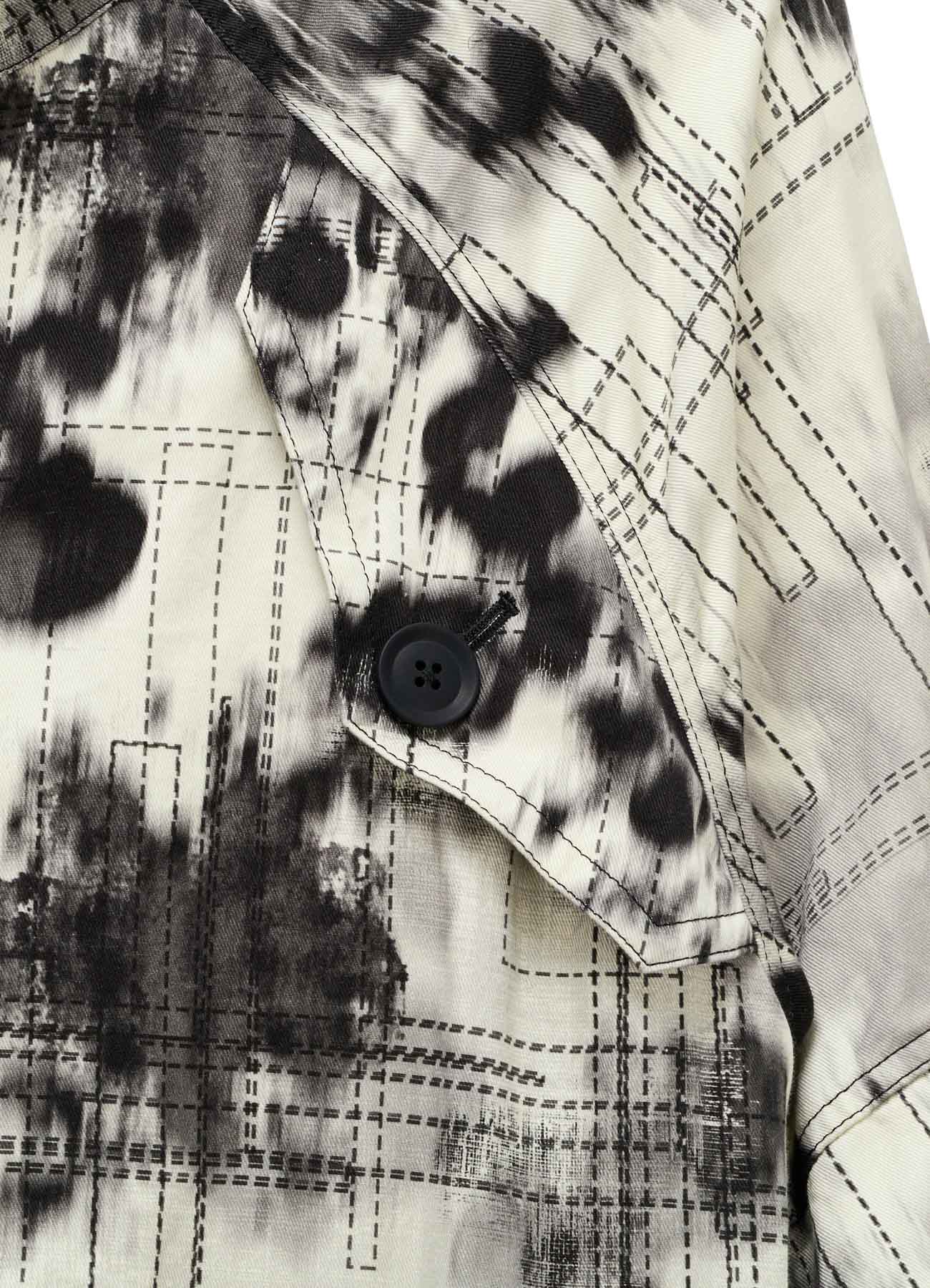 INK-WASH PRINTED RAGLAN STAND COLLAR UTILITY BLOUSON WITH DECORATIVE STITCH DETAILING