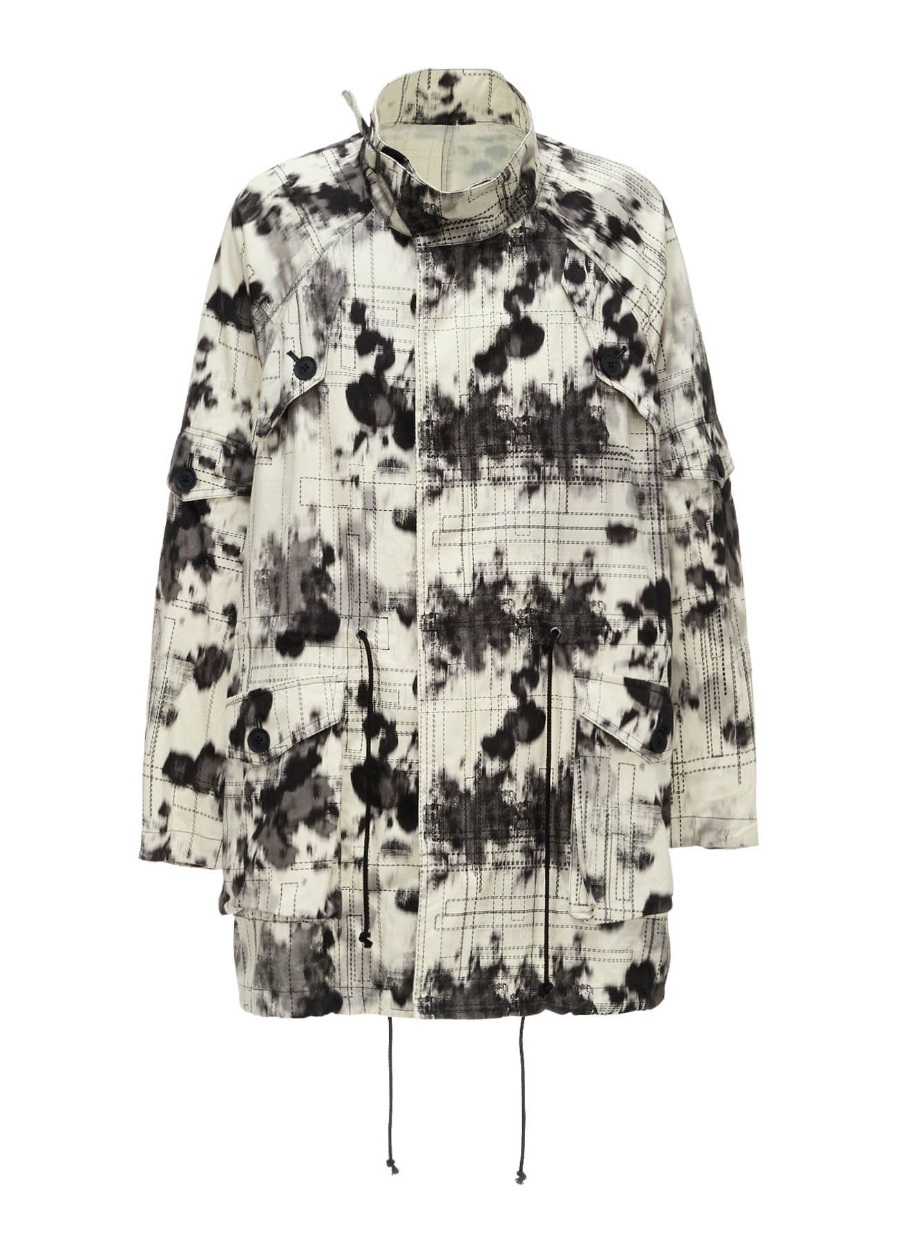 INK-WASH PRINTED RAGLAN STAND COLLAR UTILITY BLOUSON WITH DECORATIVE STITCH DETAILING