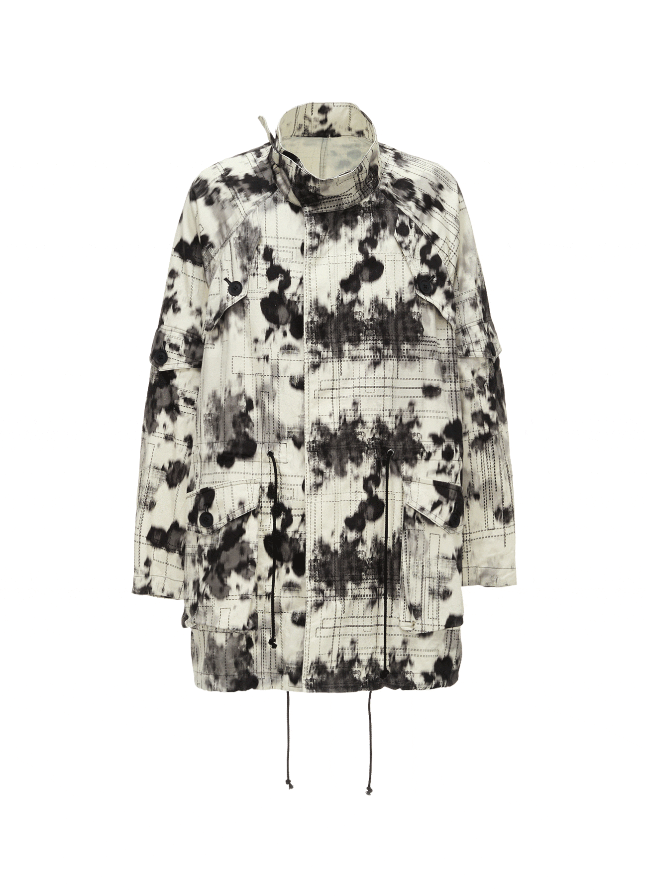 INK-WASH PRINTED RAGLAN STAND COLLAR UTILITY BLOUSON WITH DECORATIVE STITCH DETAILING