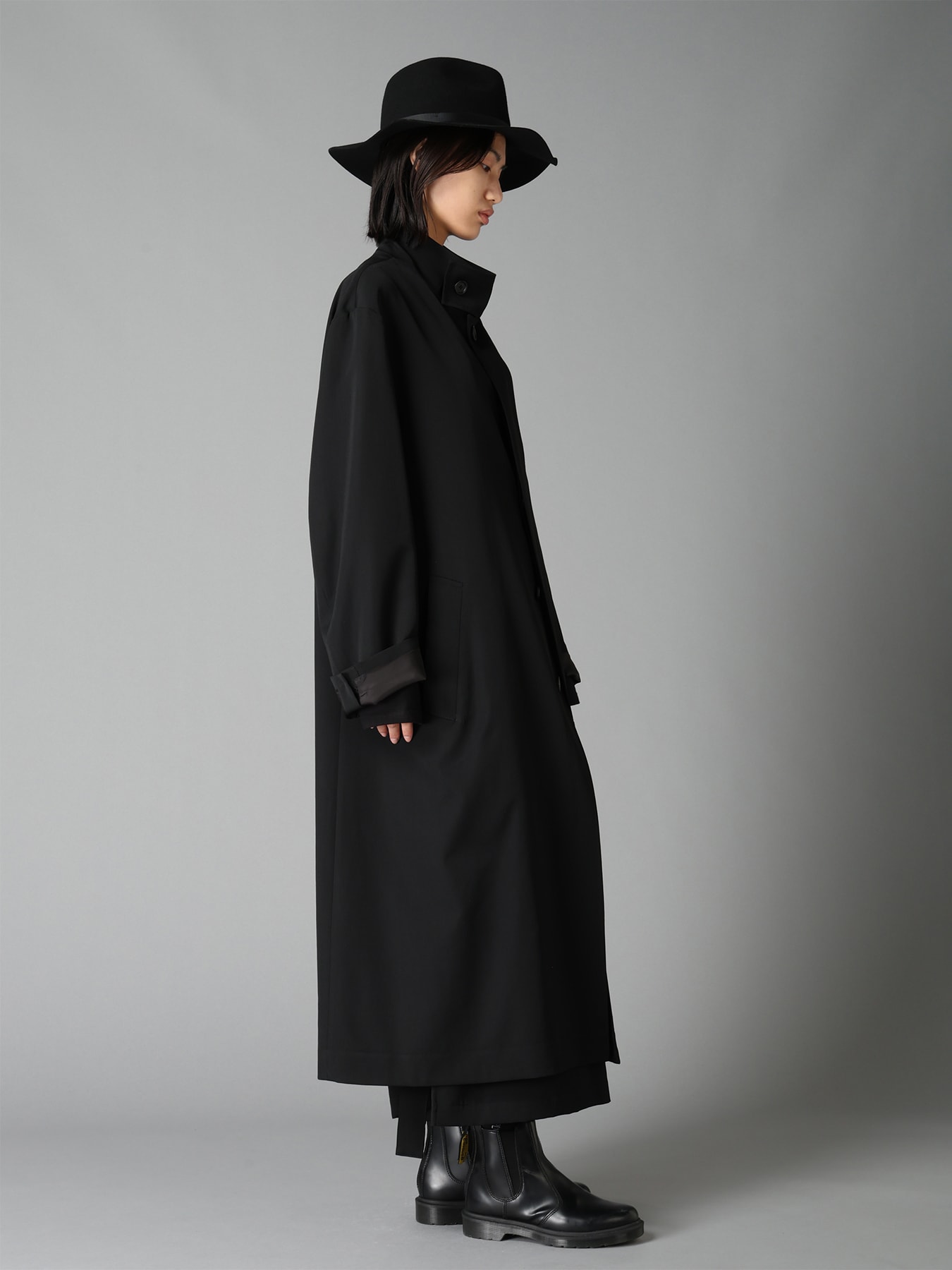 WASHER WOOL GABARDINE CONCEALED PLACKET STAND COLLAR COAT