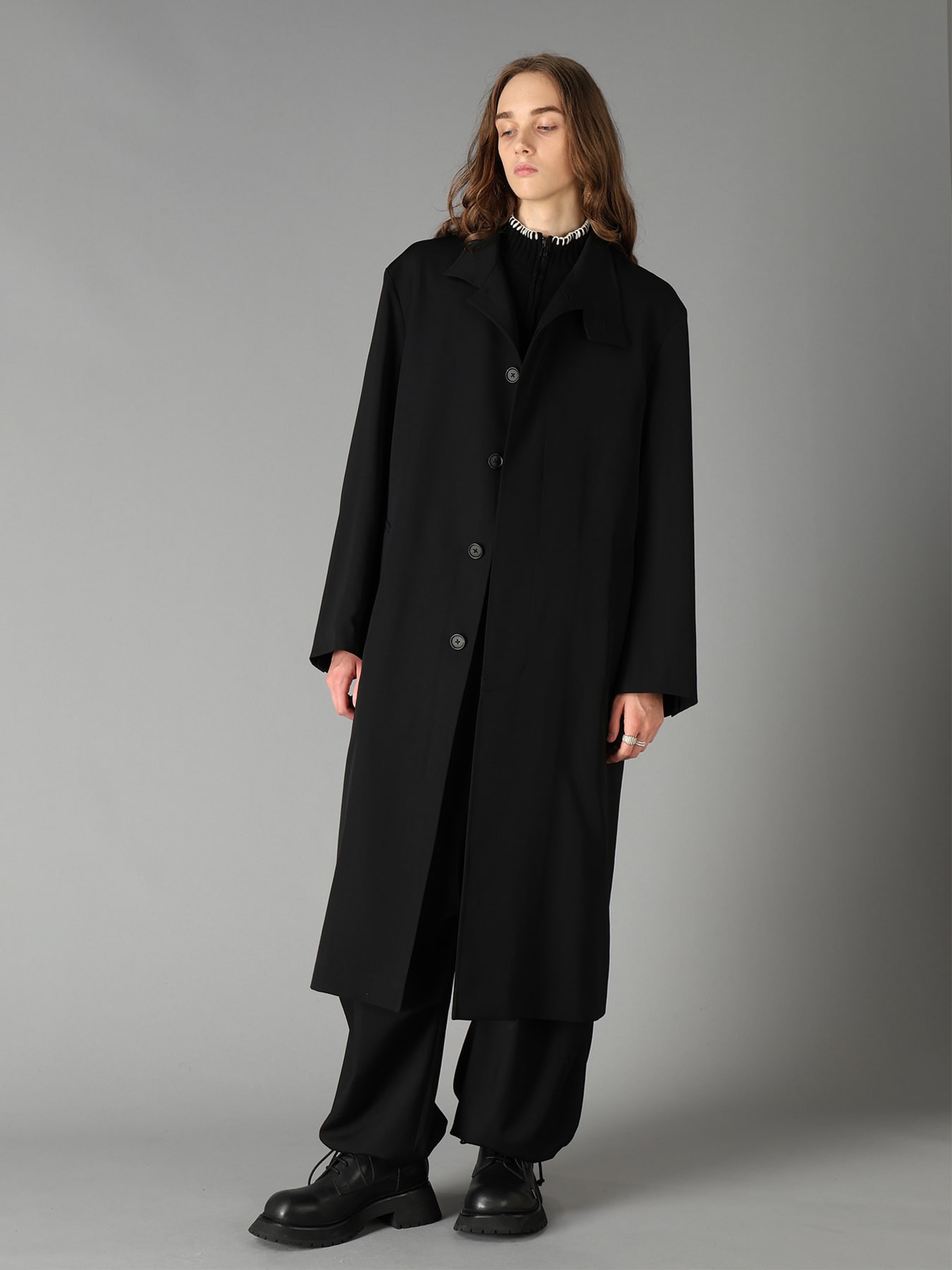 WASHER WOOL GABARDINE CONCEALED PLACKET STAND COLLAR COAT