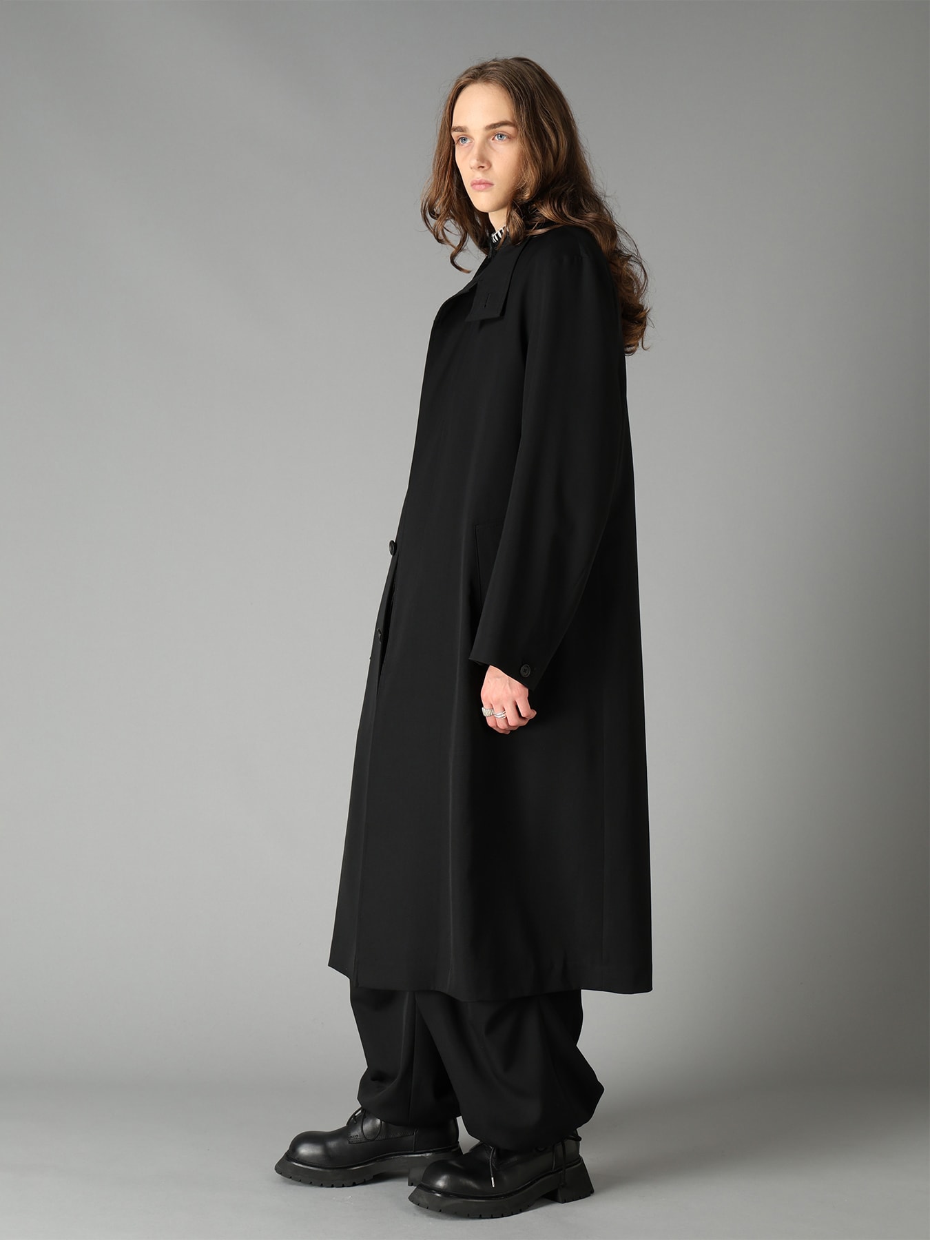 WASHER WOOL GABARDINE CONCEALED PLACKET STAND COLLAR COAT