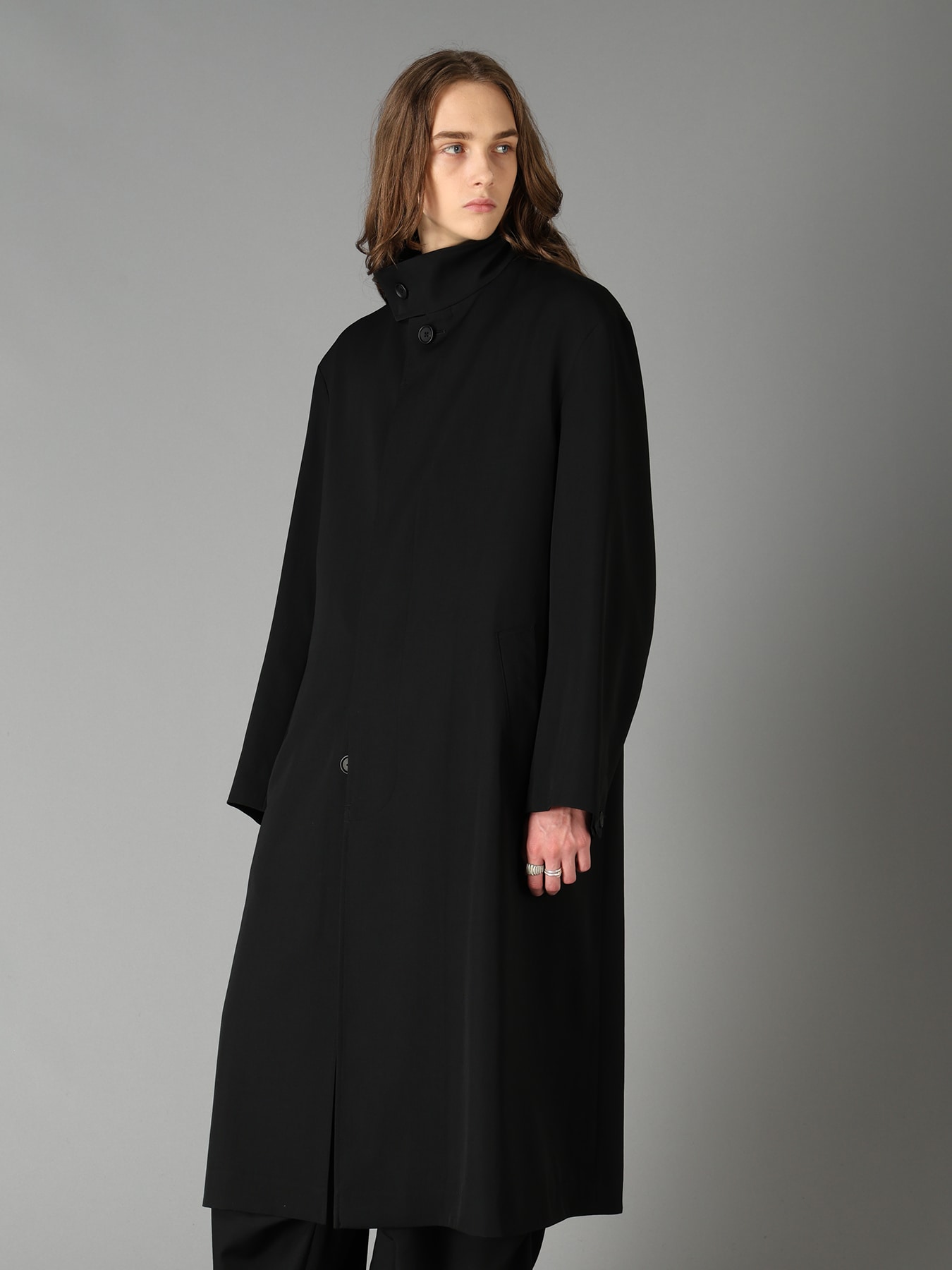 WASHER WOOL GABARDINE CONCEALED PLACKET STAND COLLAR COAT