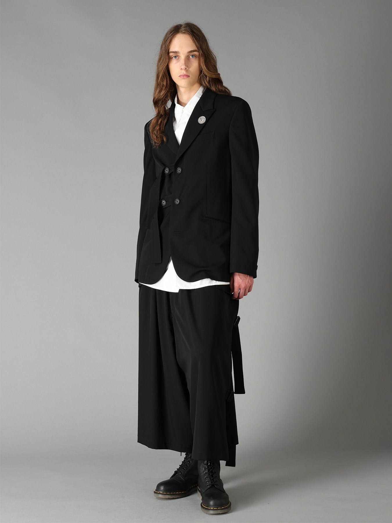 WASHER WOOL GABARDINE PEAK LAPEL BELTED JACKET