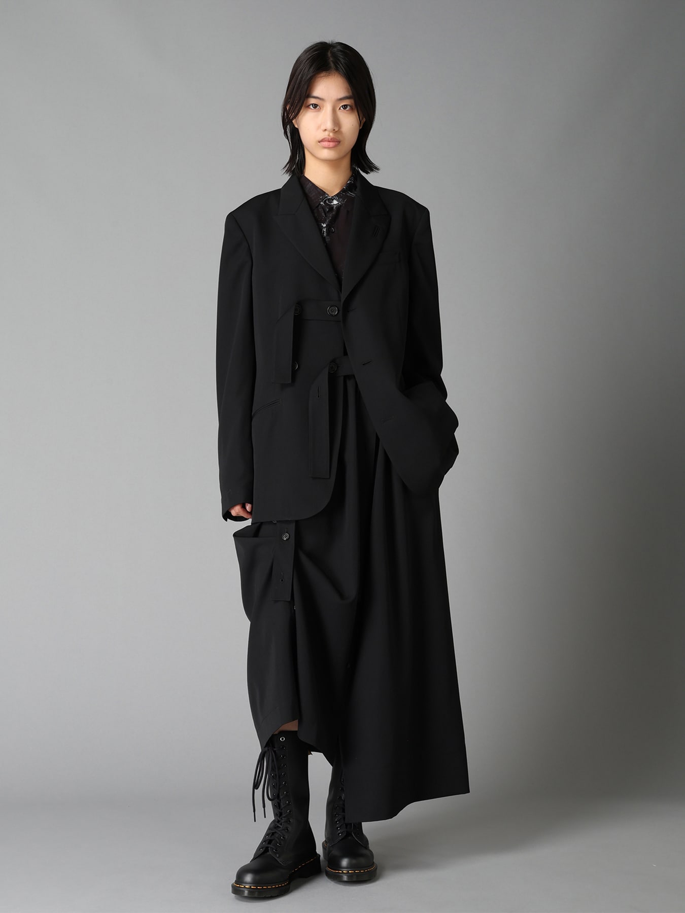 WASHER WOOL GABARDINE PEAK LAPEL BELTED JACKET
