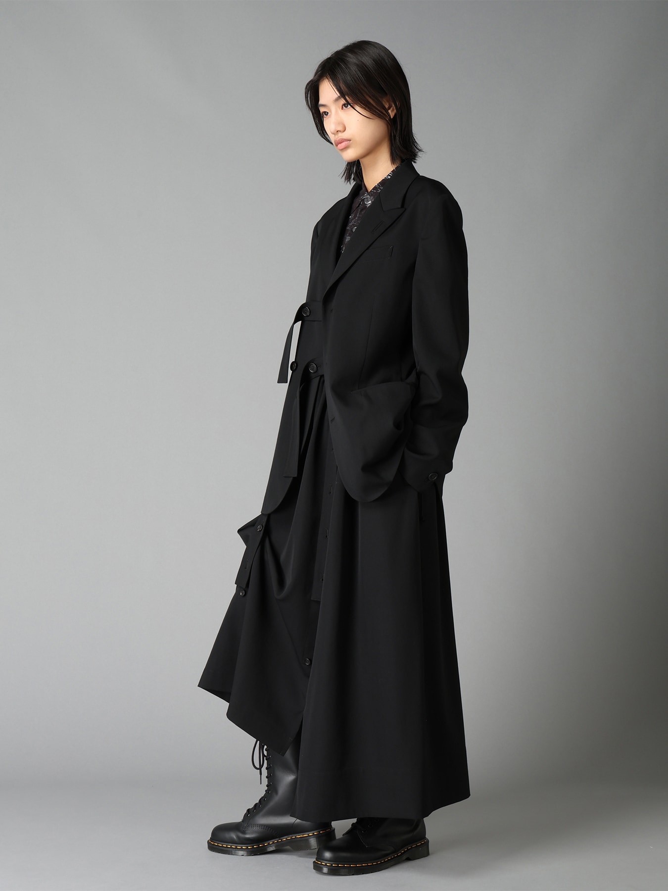 WASHER WOOL GABARDINE PEAK LAPEL BELTED JACKET