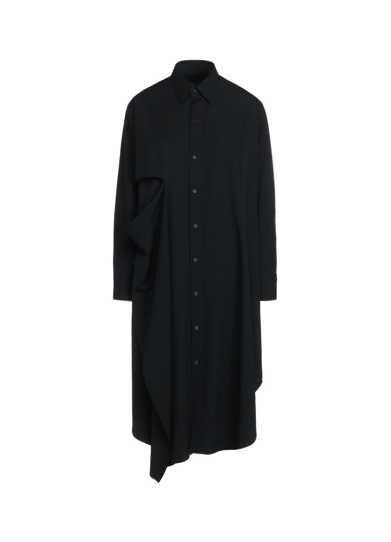 WASHER FINISHED WOOL GABARDINE SHIRT DRESS WITH DOUBLE-TAILORED RIGHT FRONT