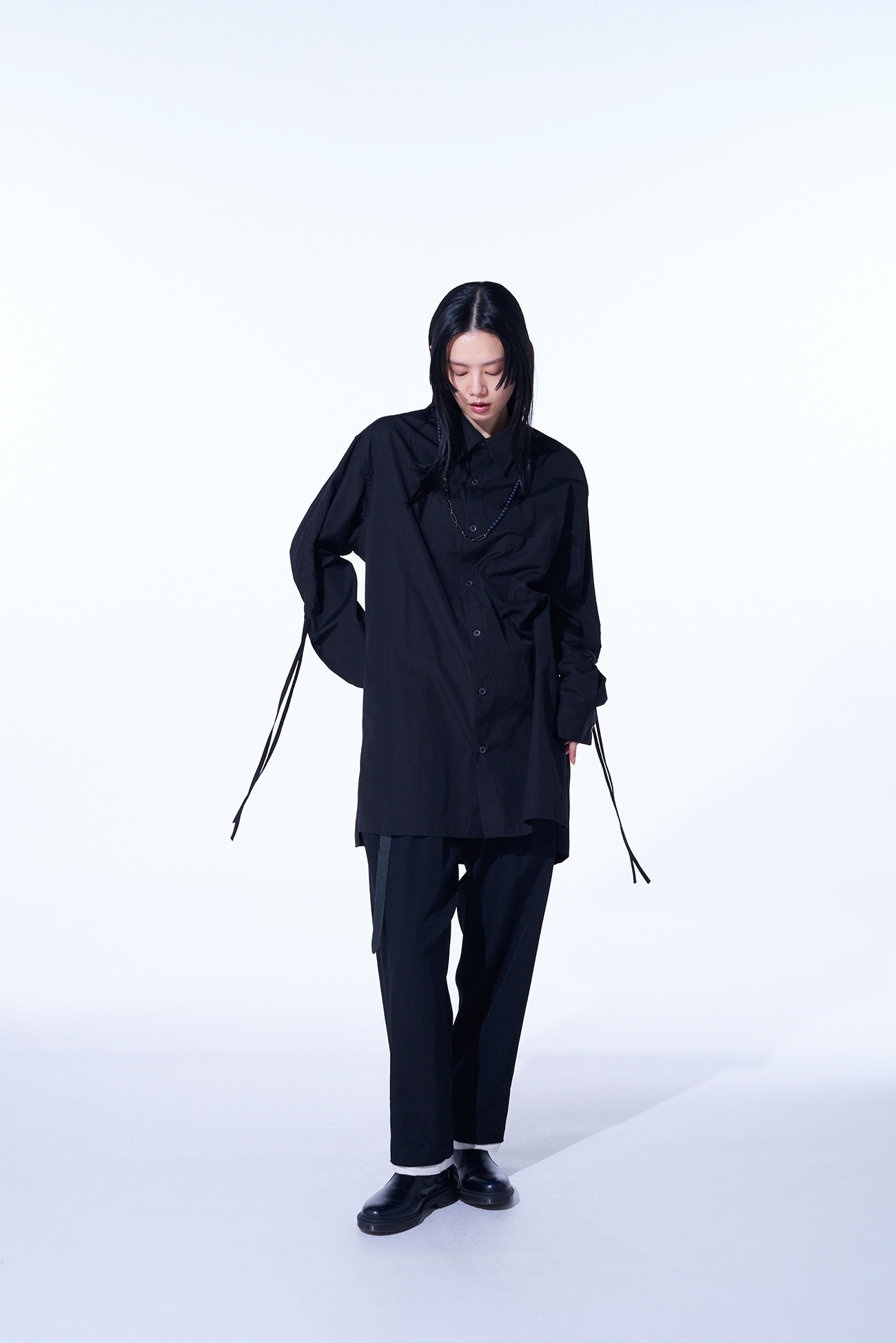 COTTON BROAD CLOTH OVERSIZED SHIRT WITH GATHERED STRINGS