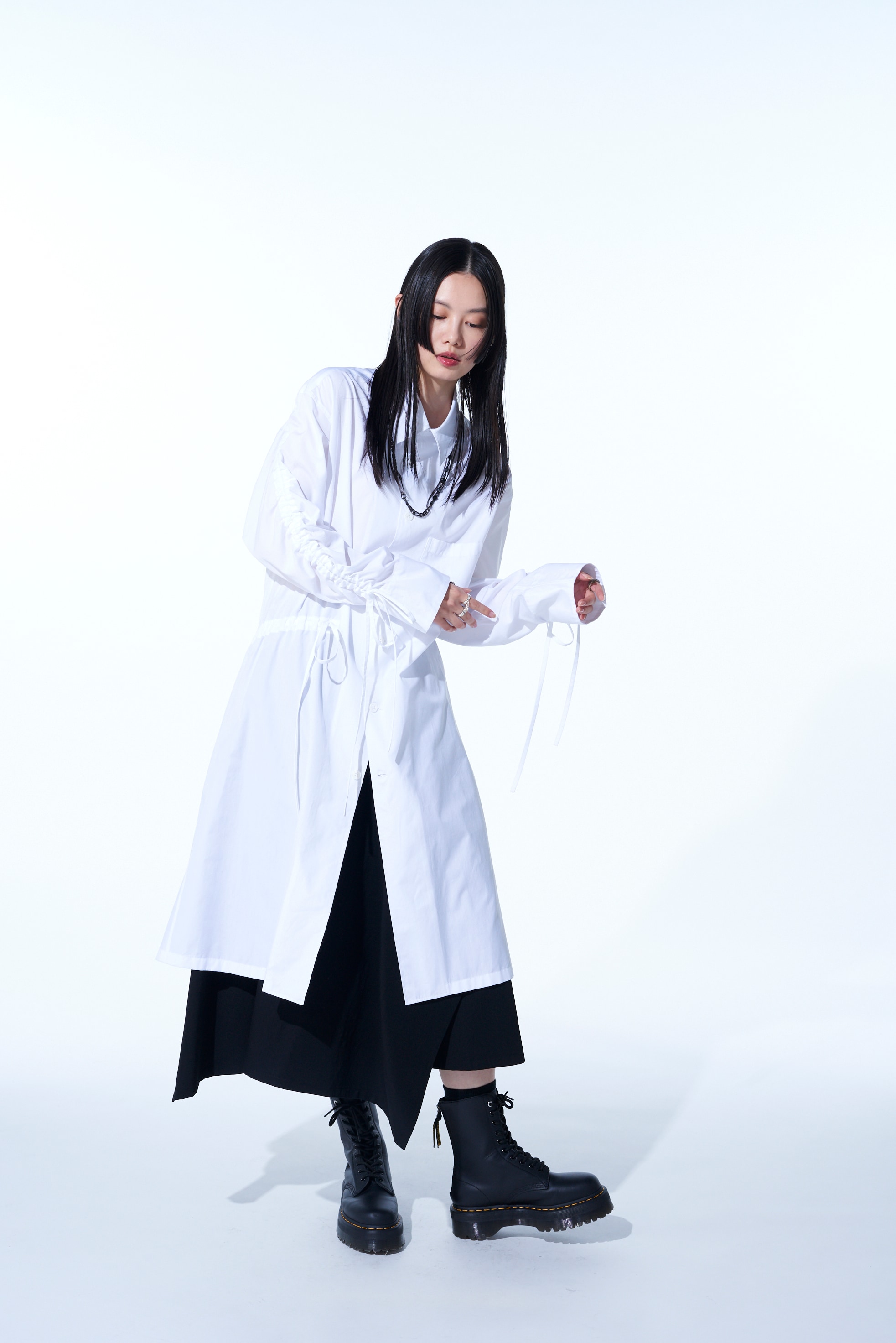 COTTON BROAD CLOTH OVERSIZED LONG SHIRT WITH GATHERED STRINGS
