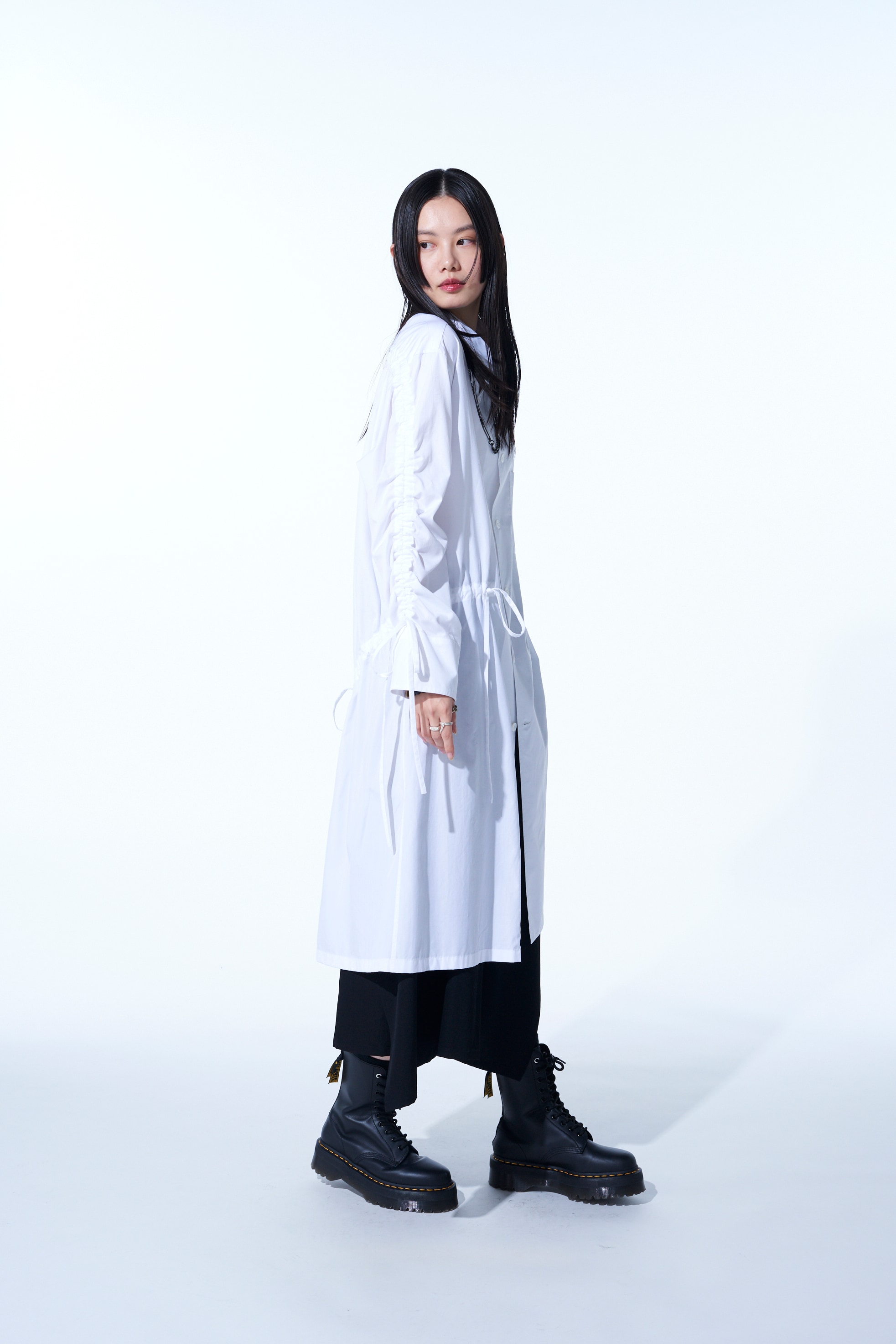 COTTON BROAD CLOTH OVERSIZED LONG SHIRT WITH GATHERED STRINGS