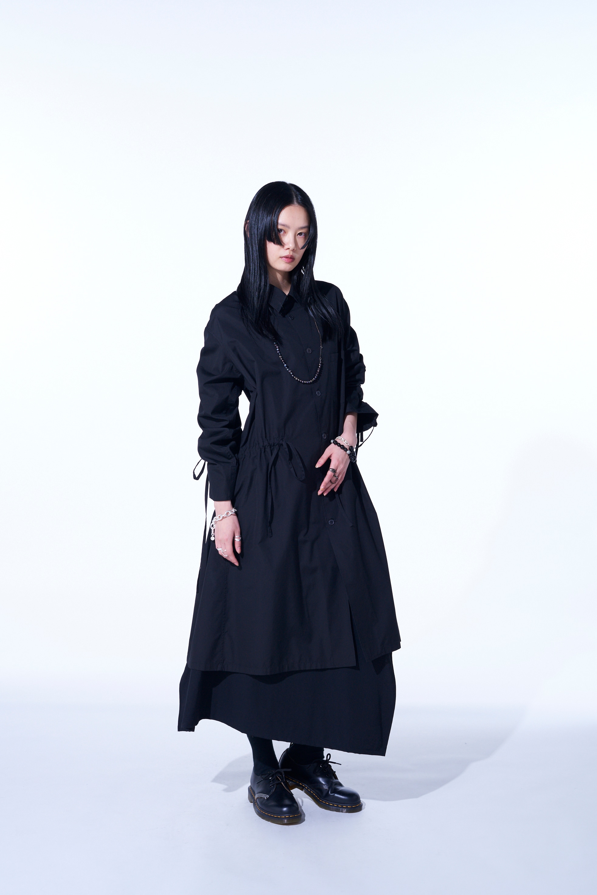 COTTON BROAD CLOTH OVERSIZED LONG SHIRT WITH GATHERED STRINGS